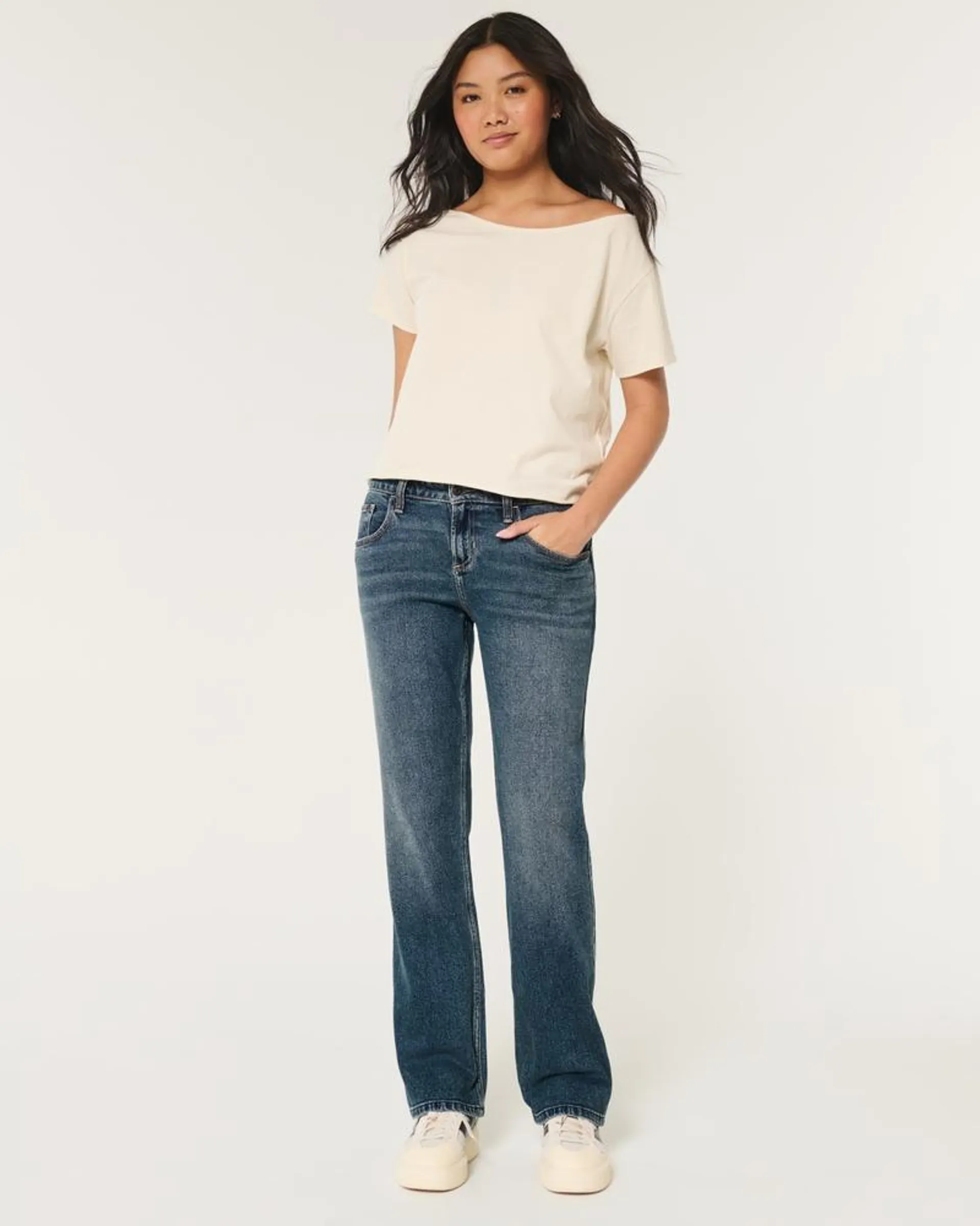 Low-Rise Dark Wash Relaxed Straight Jeans