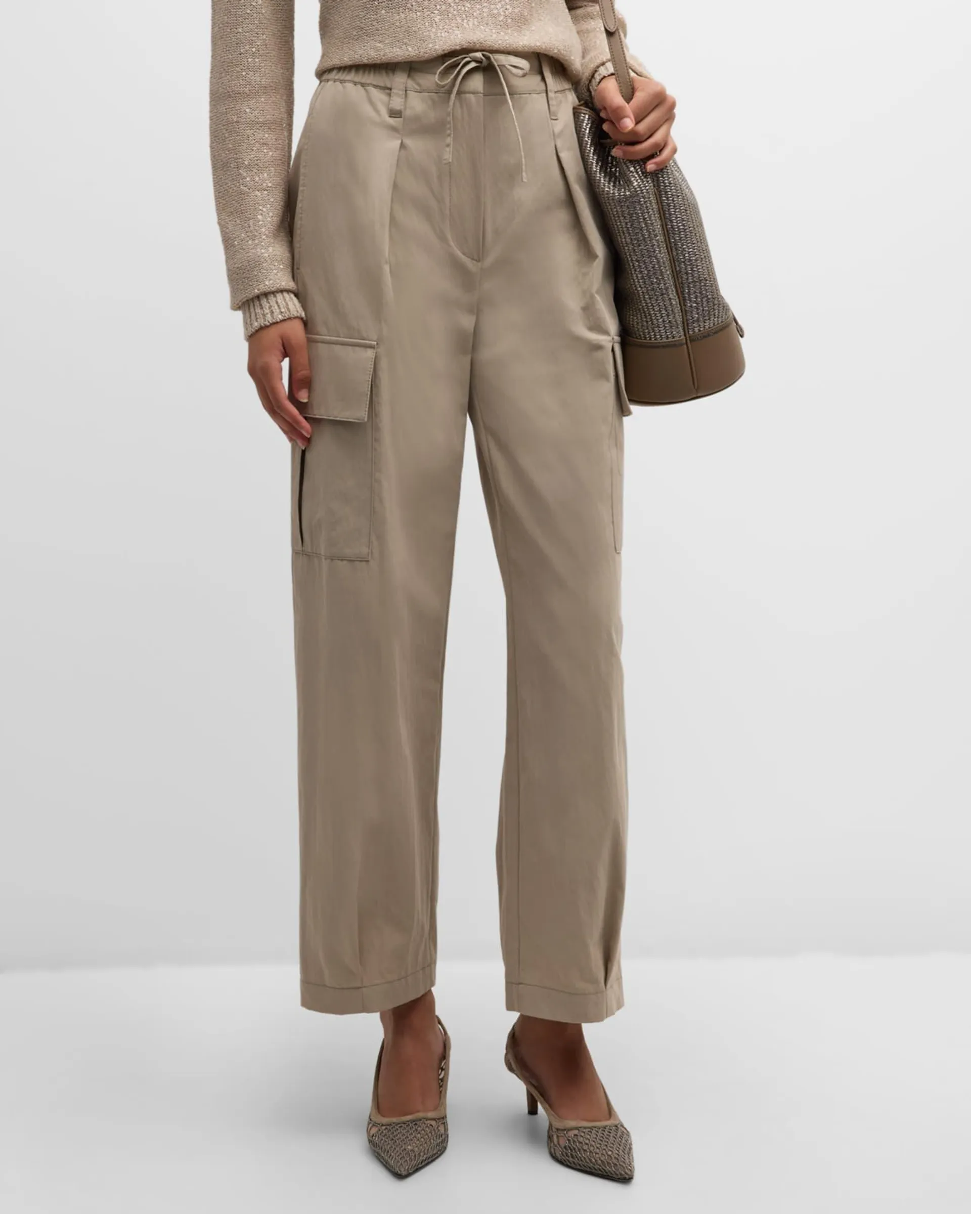 Lightly Wrinkled Cotton Cargo Pants with Drawstring Waist