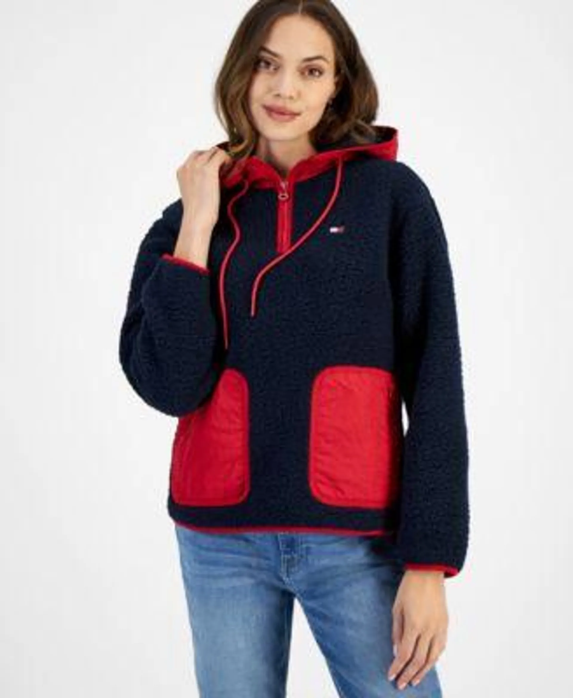 Women's Solid Sherpa Hooded Pullover Jacket