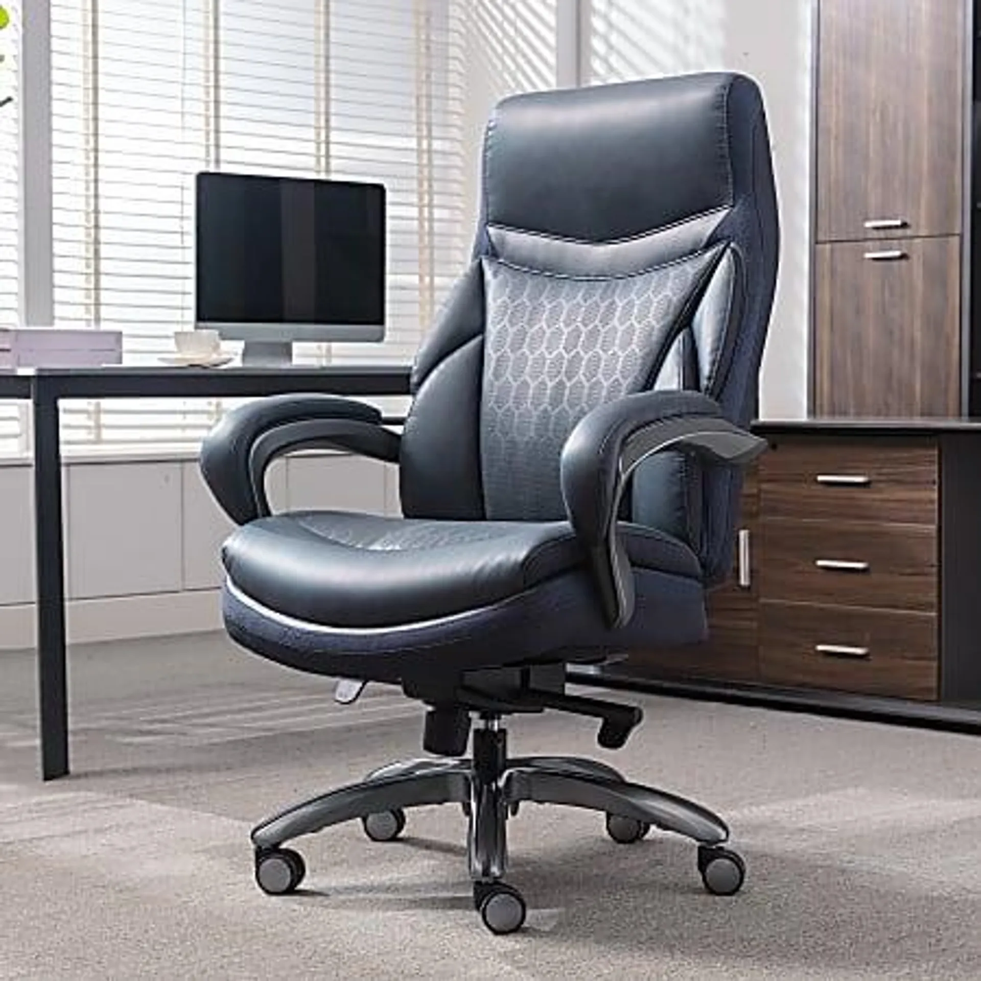 Shaquille O'Neal™ Maximos Big & Tall Ergonomic Vegan Leather High-Back Executive Office Chair, Blue/Silver, BIFMA Compliant