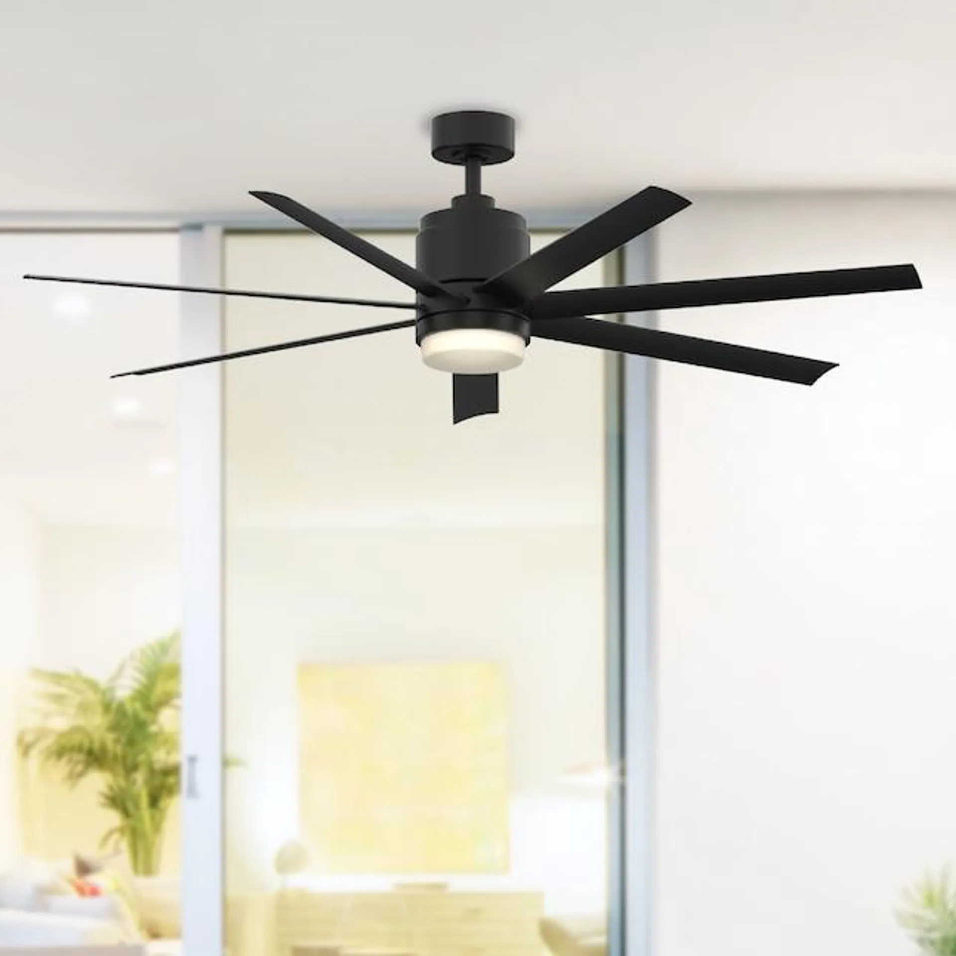 Fanimation Studio Collection Blitz 56-in Black Integrated LED Indoor/Outdoor Ceiling Fan with Light and Remote (7-Blade)