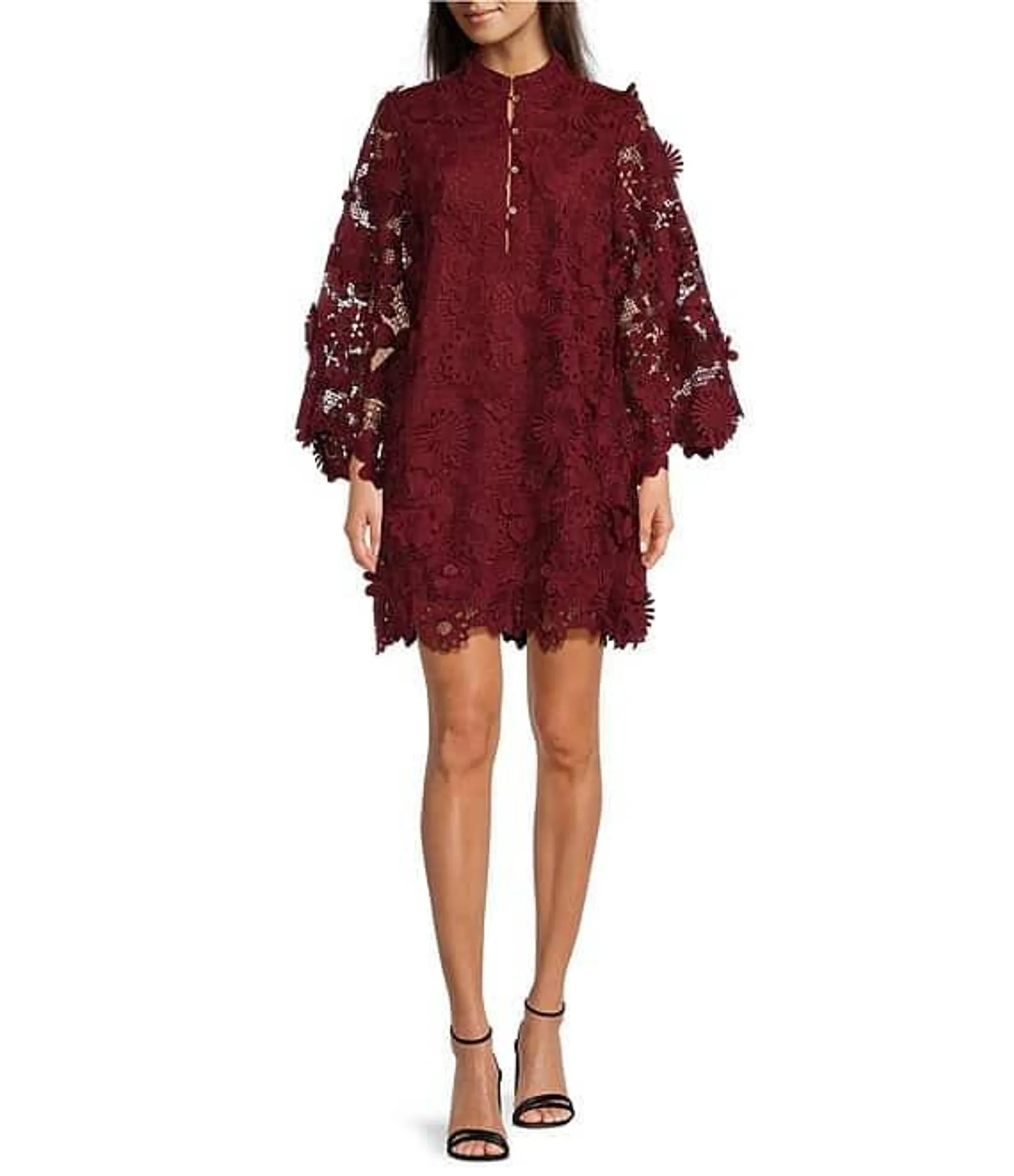 Seraphina Floral 3D Lace Split Round Button Up Neck Long Sleeve Shift Dress