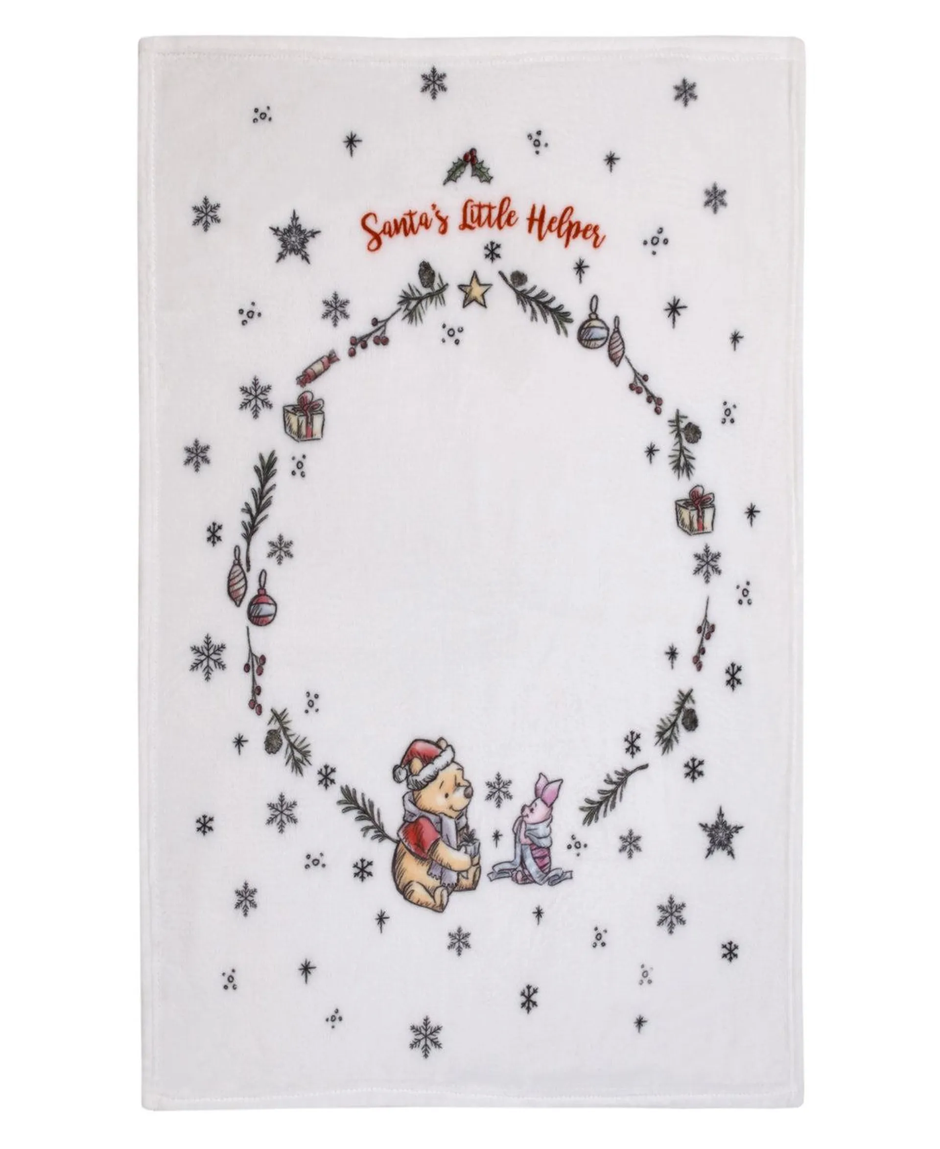 Disney Winnie the Pooh and Piglet Christmas Holiday Wreath "Santa's Little Helper" Super Soft Baby Blanket