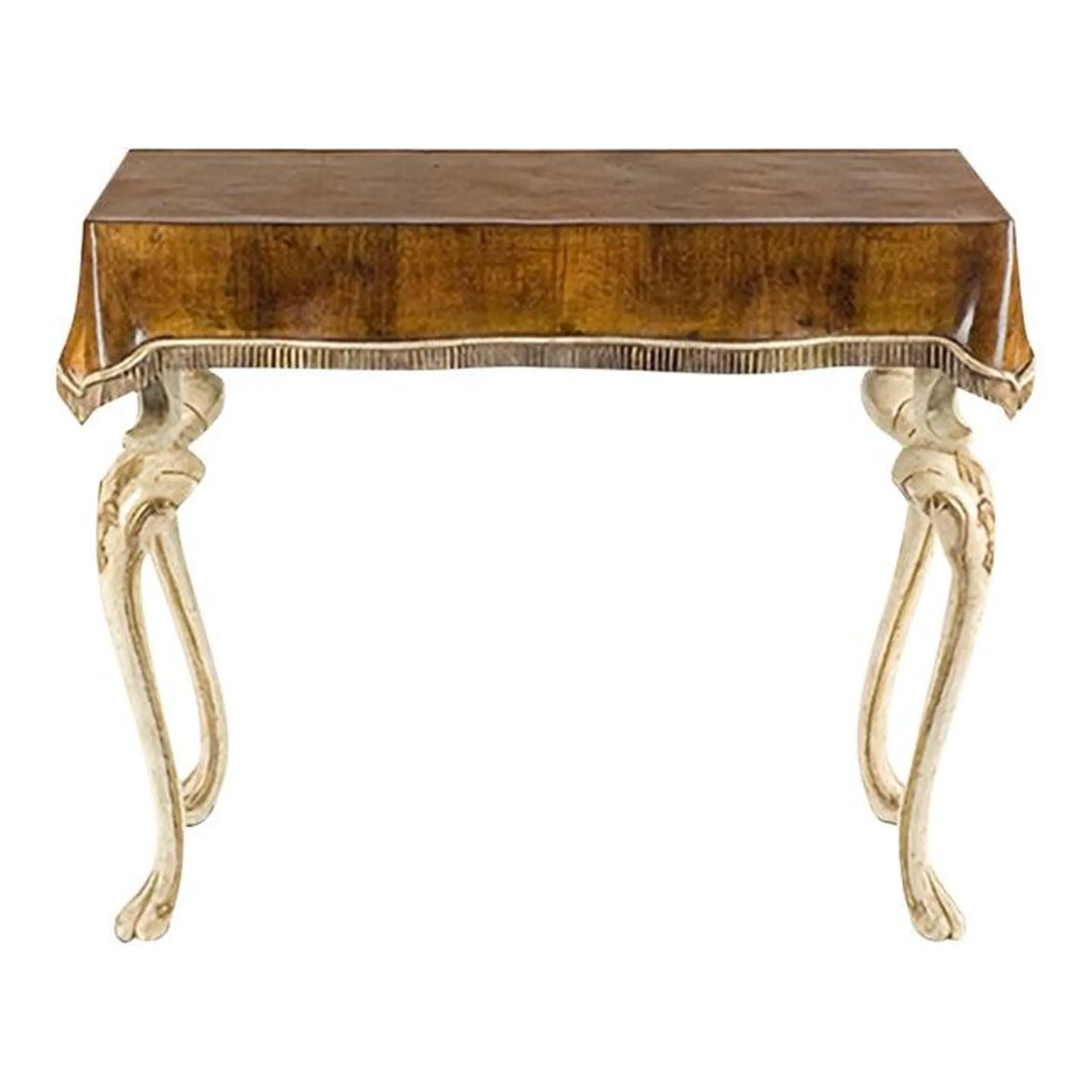 Draped Highly Figured Italian Walnut Console Over Painted + Gilt Cabriole Legs