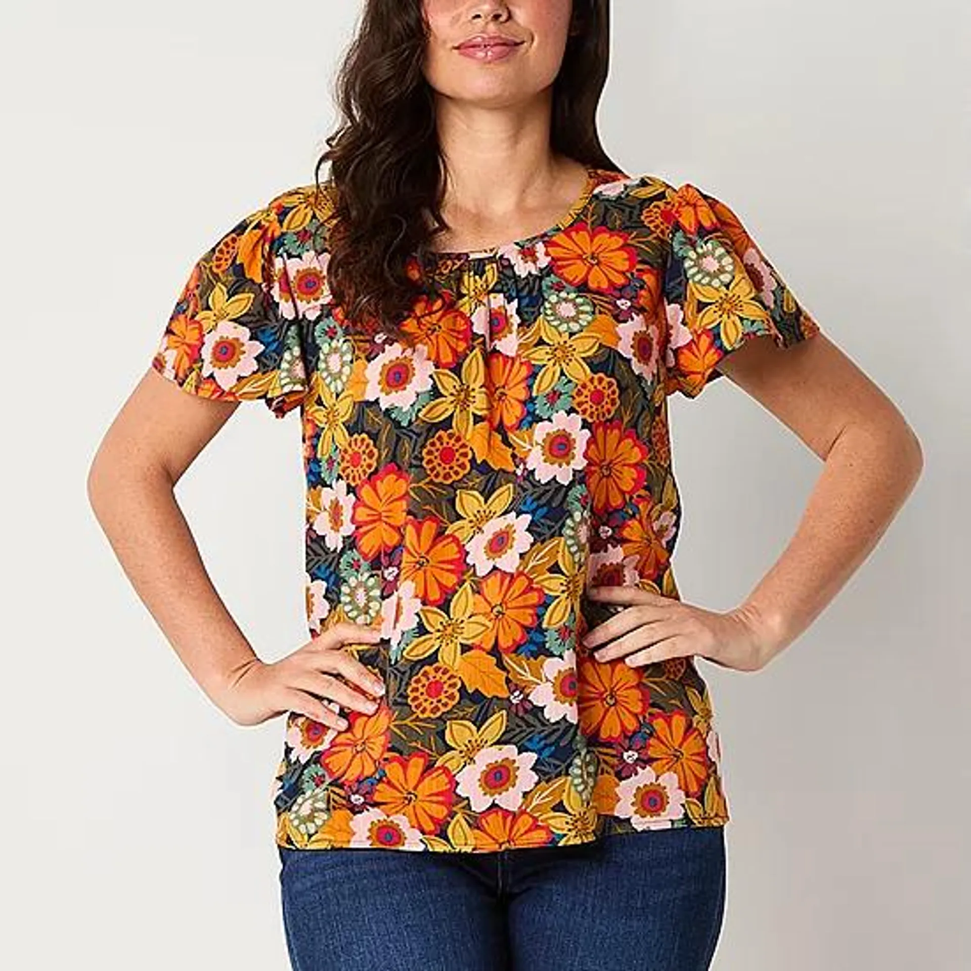 St. John's Bay Womens Round Neck Short Sleeve Blouse