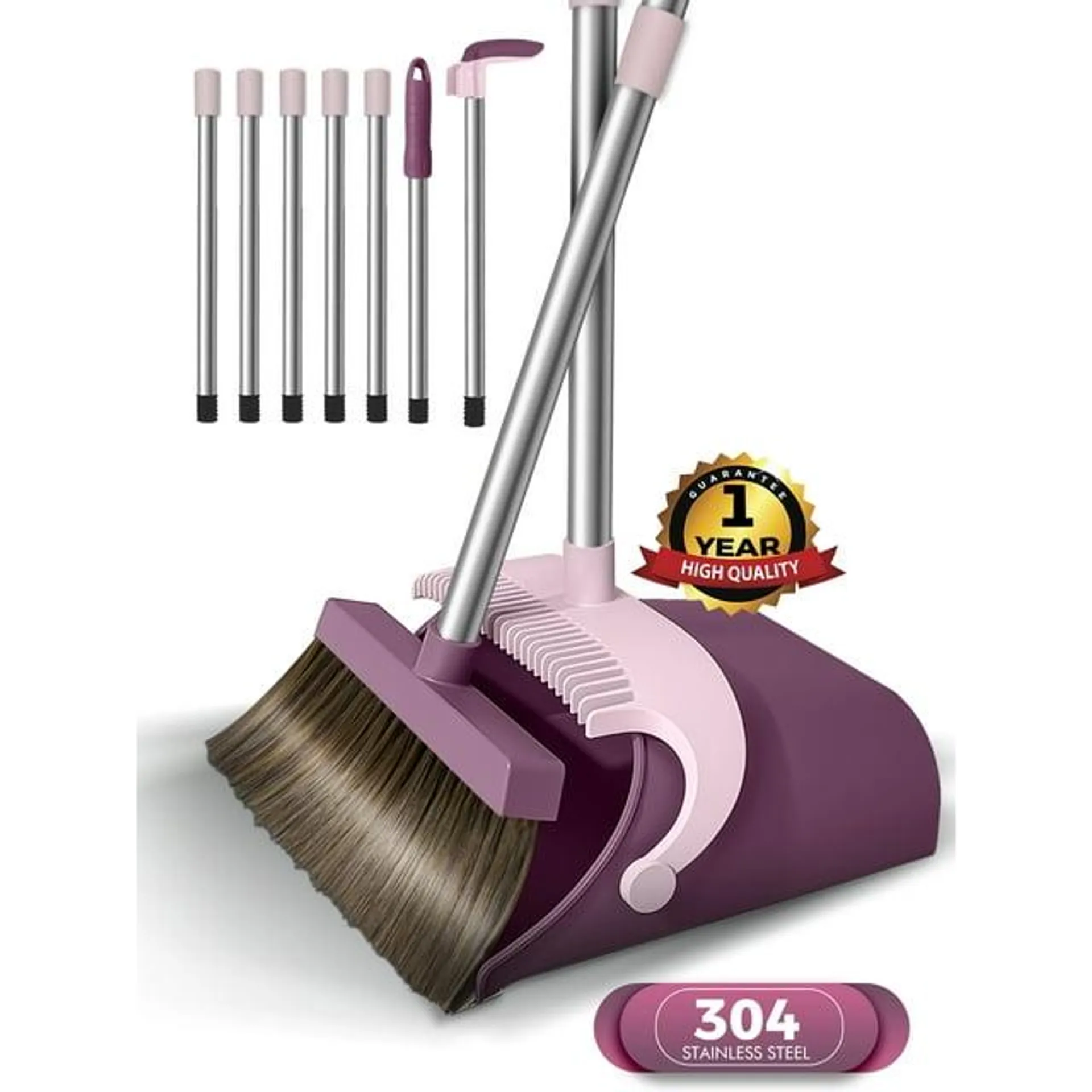 FVSA Upgrade 51.2 Inches Broom and Dustpan Set, Broom and Dustpan Set for Home, Self-Cleaning with Dustpan Teeth - Light Purple