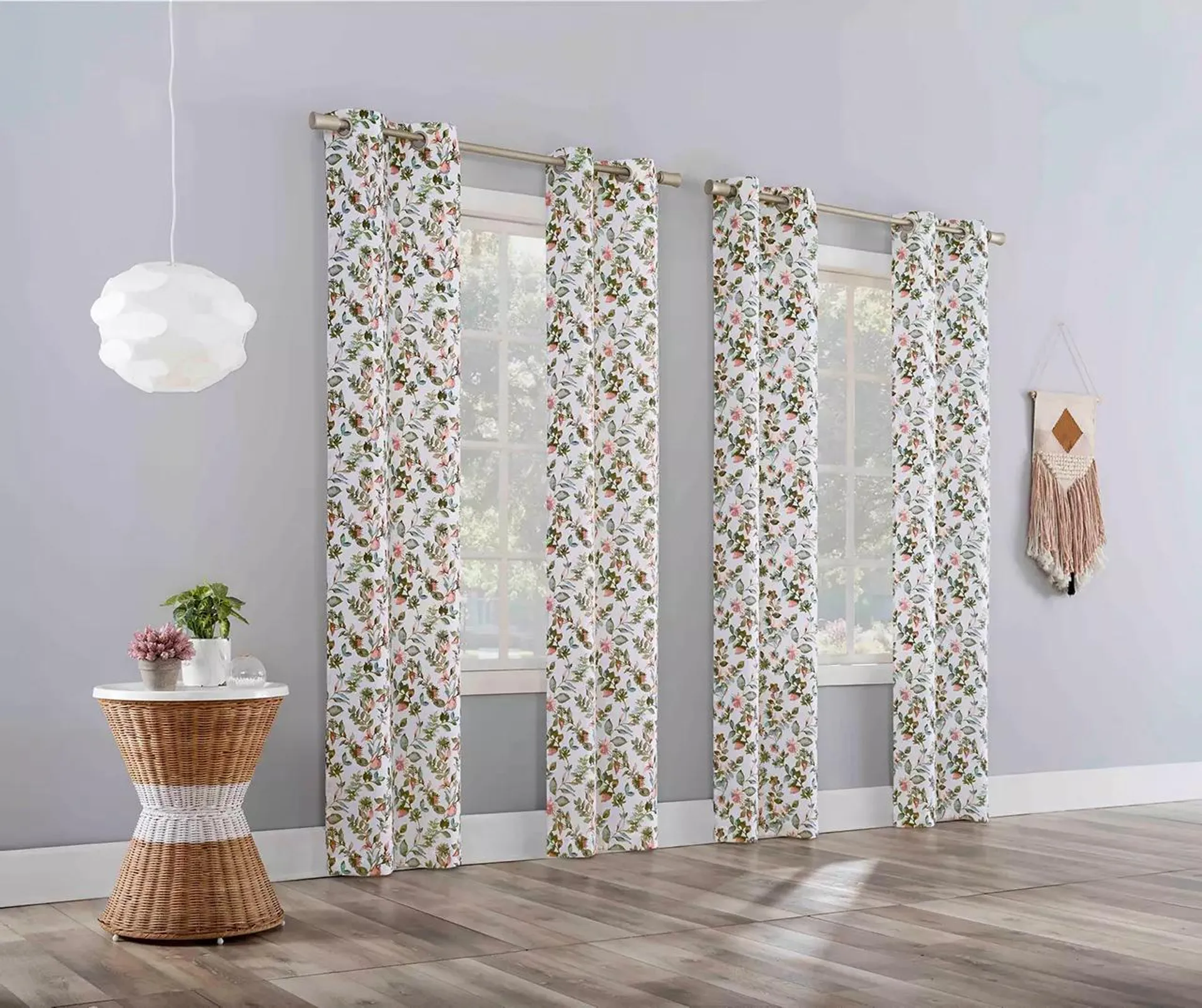 Eloise White, Pink & Green Floral Room-Darkening 4-Piece Curtain Panel Set, (84")