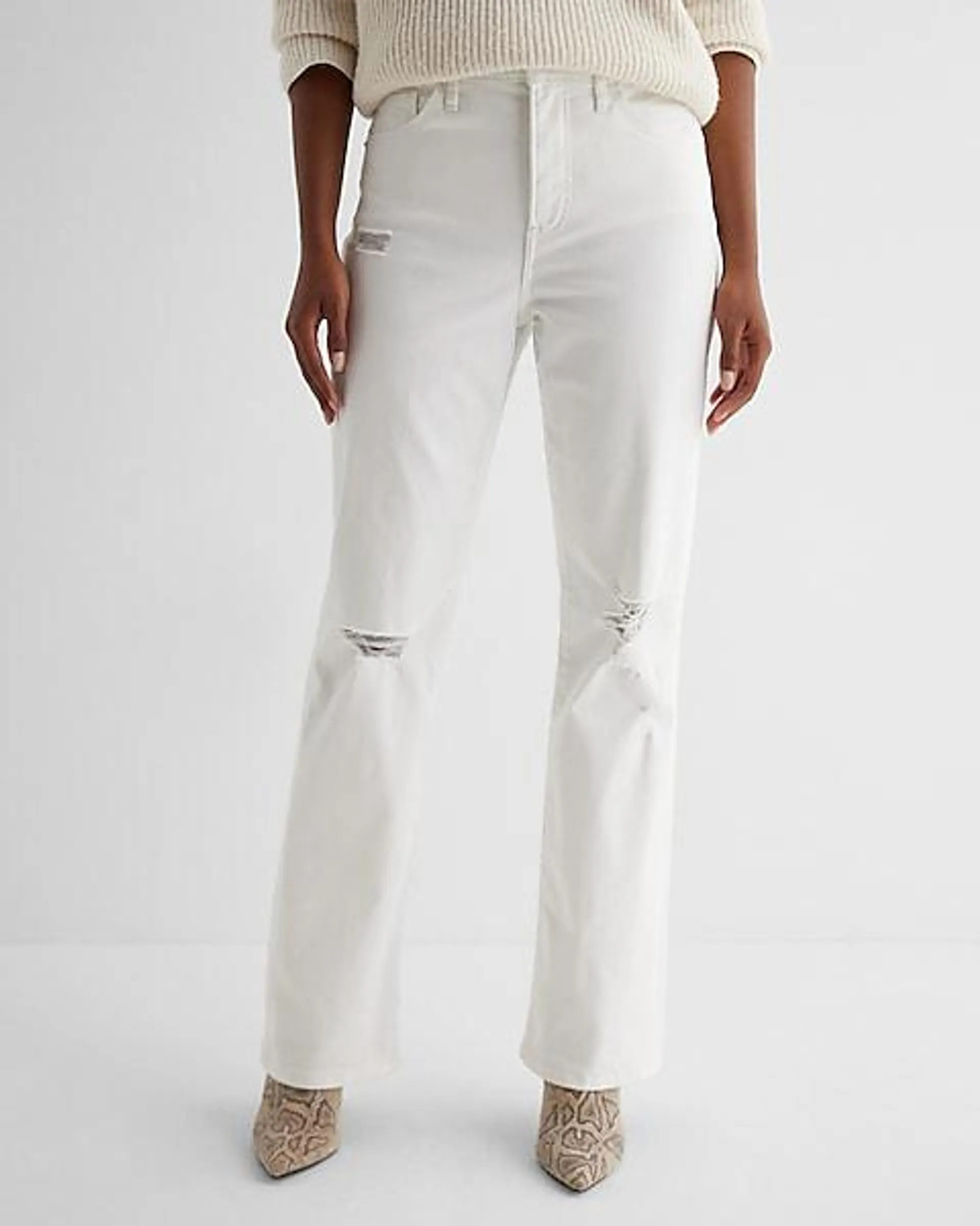 High Waisted White Ripped '90s Bootcut Jeans