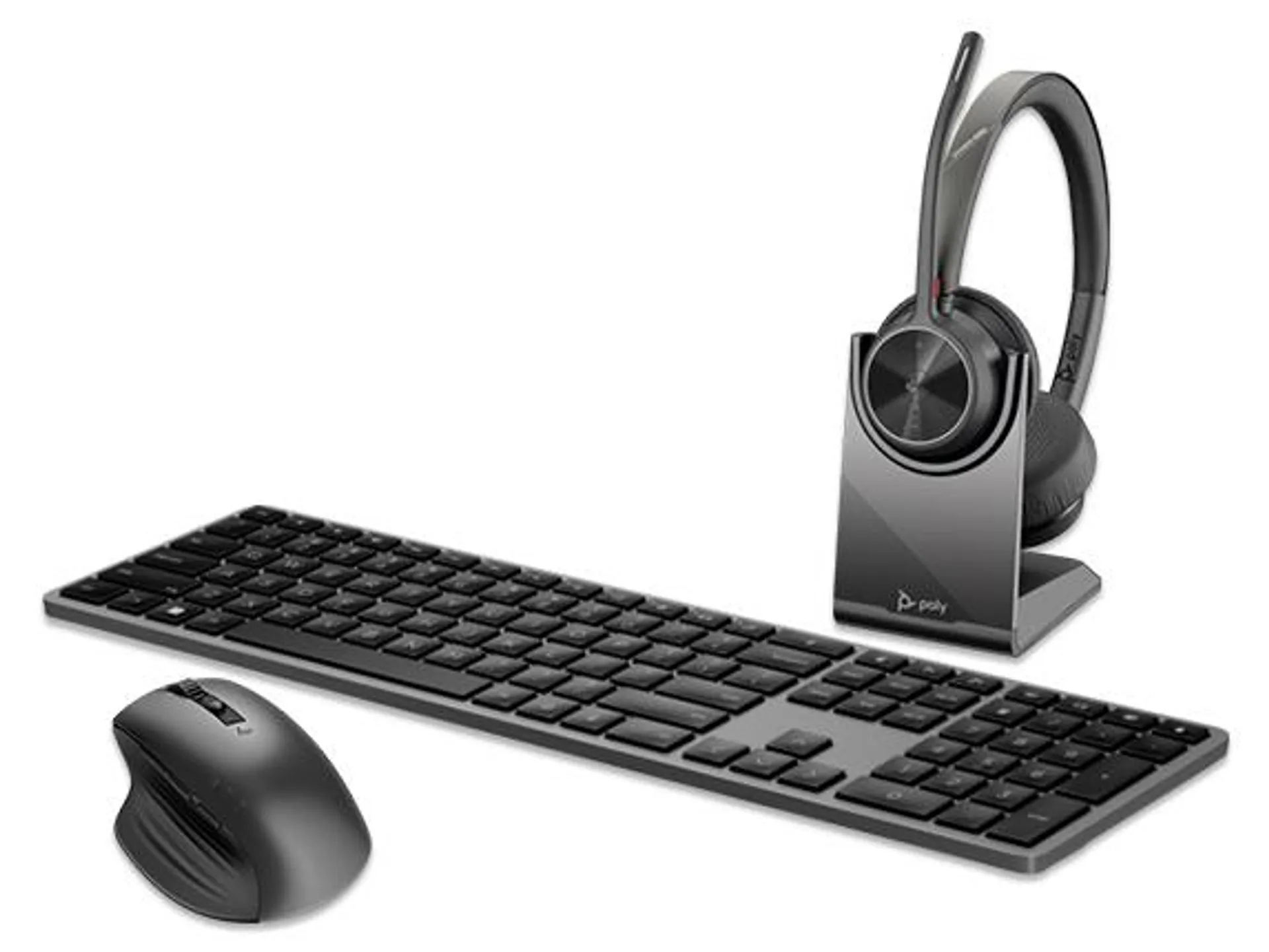 Poly Voyager 4320-M Headset with charge stand, HP 975 Dual-Mode Wireless Keyboard, + HP 935 Creator Wireless Mouse