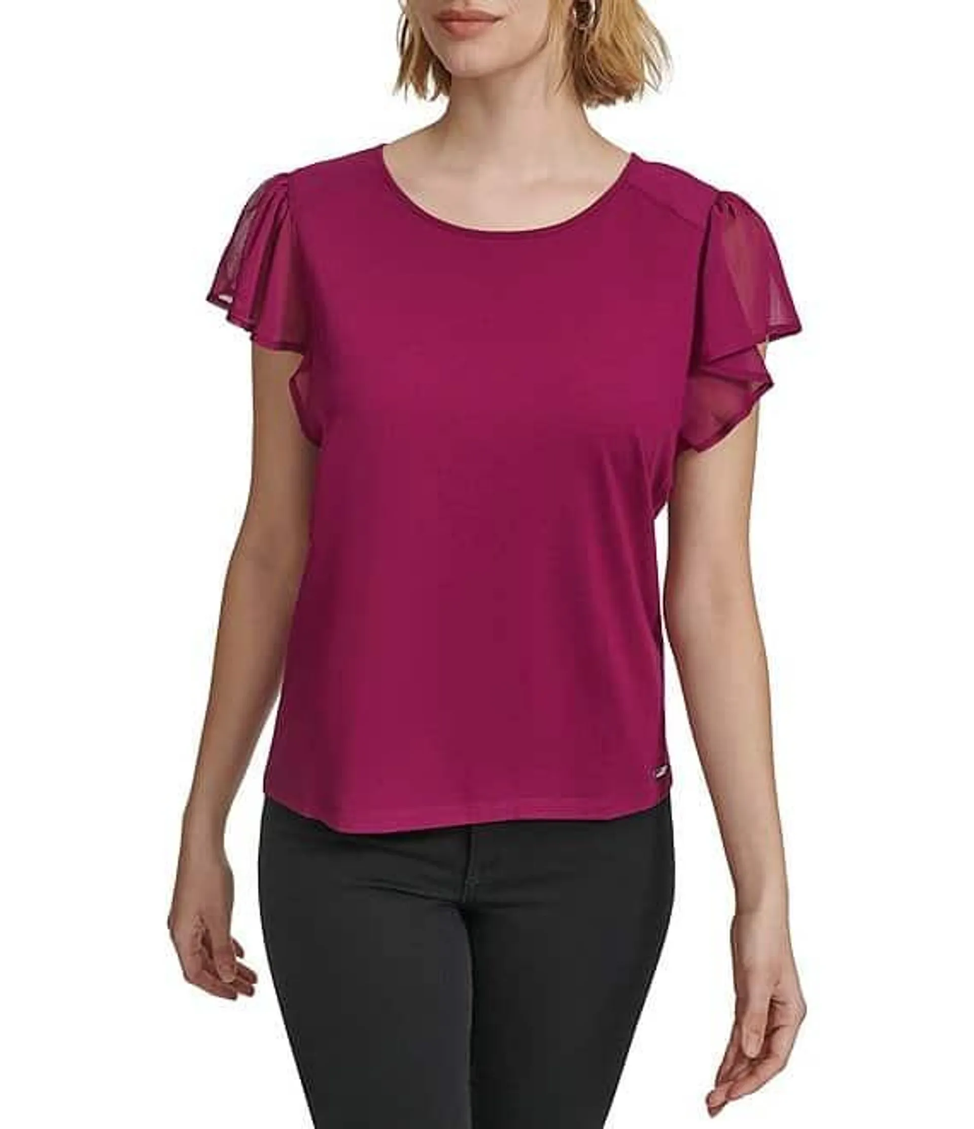 Crew Neckline Flutter Cap Sleeve Blouse