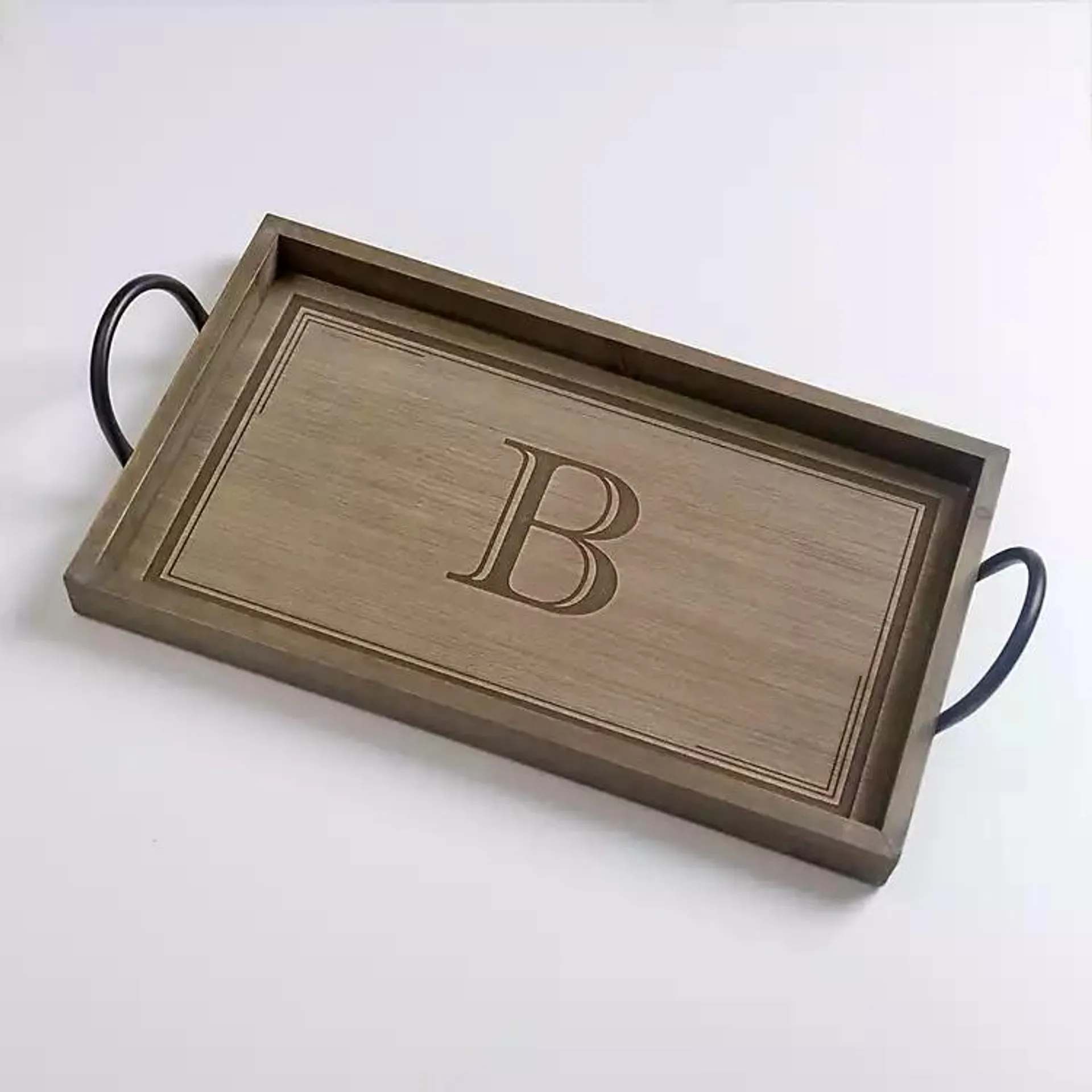 Gray Wash Wood Monogram B Tray