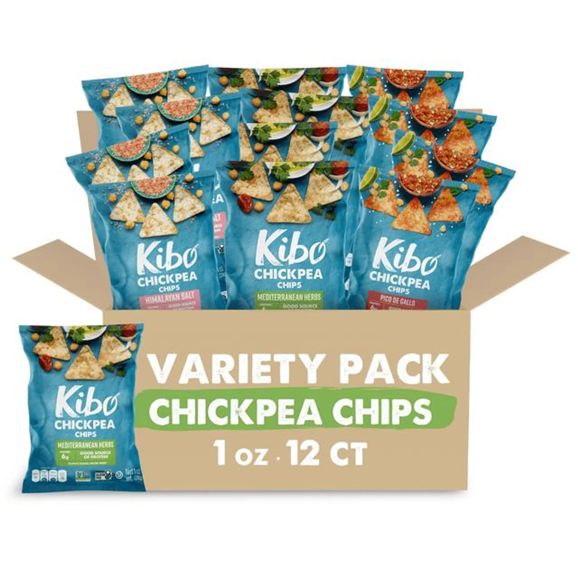 Kibo Healthy Snacks 3 Flavor Variety Pack Chickpea Chips High Protein, Plant Based, Vegan, Gluten Free, Non GMO, Kosher, Bold & Crunchy - Himalayan Salt, Mediterranean Herbs, Pico de Gallo - 1 oz, 12