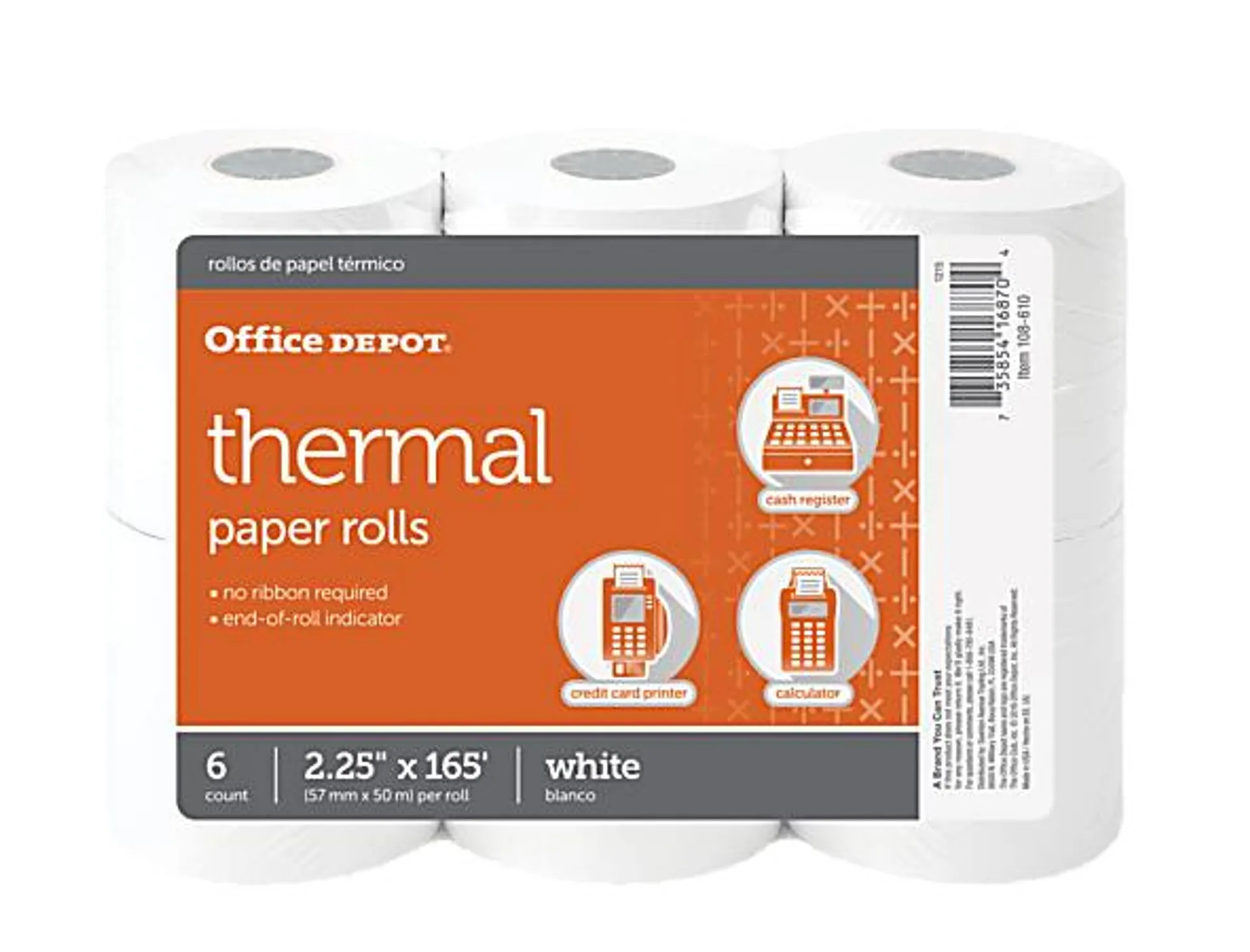 Office Depot® Brand Thermal Paper Rolls, 2-1/4" x 165', White, Pack Of 6