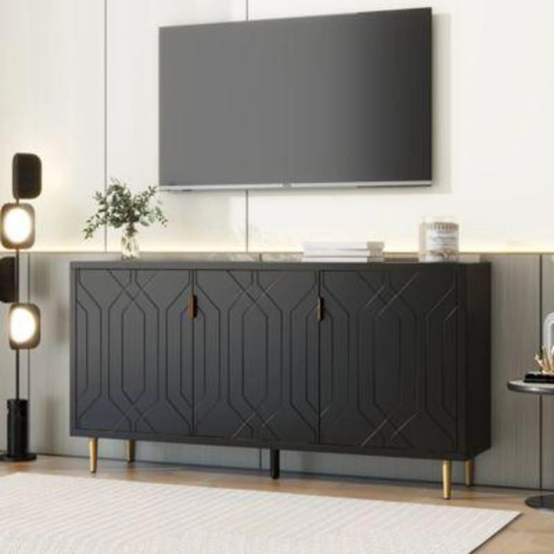 Modern TV Stand with 3 Doors and Adjustable Shelves for Living Room, Fits TVs Up to 70 Inches, Black