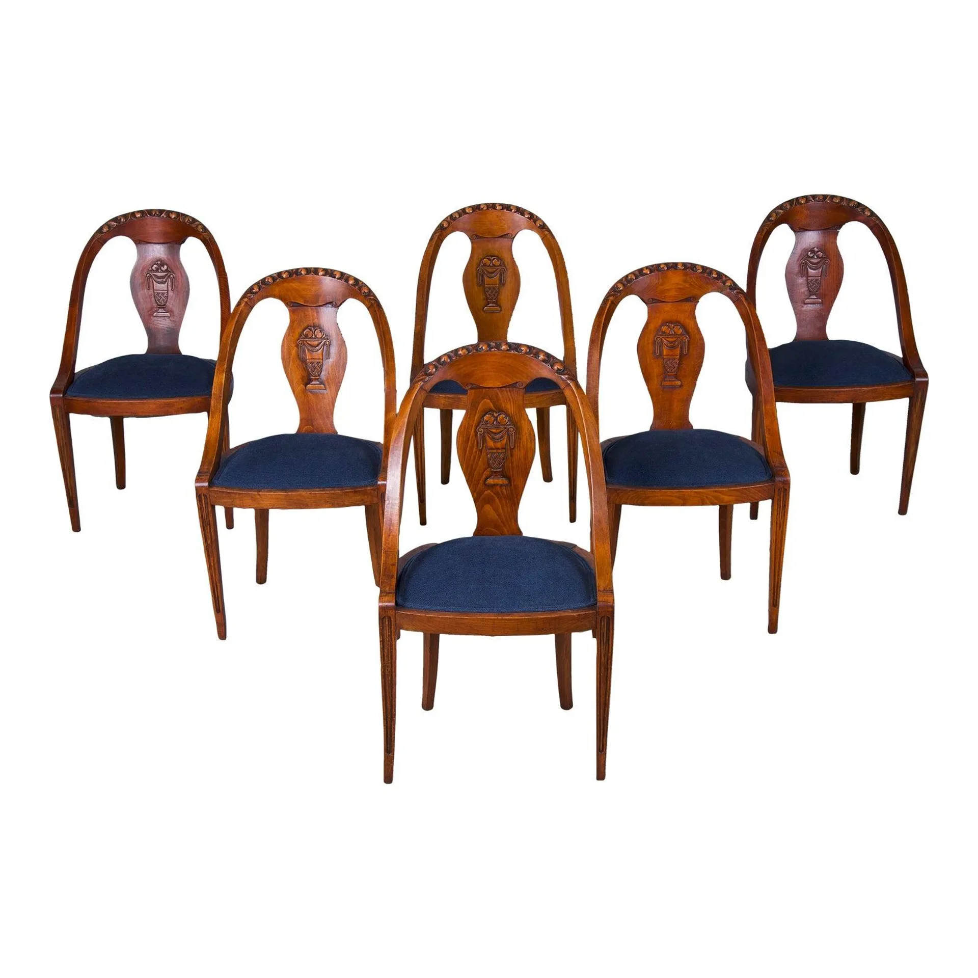 French Neoclassical Style Gondola Maple Dining Chairs W/ Dark Blue Chenille - Set of 6