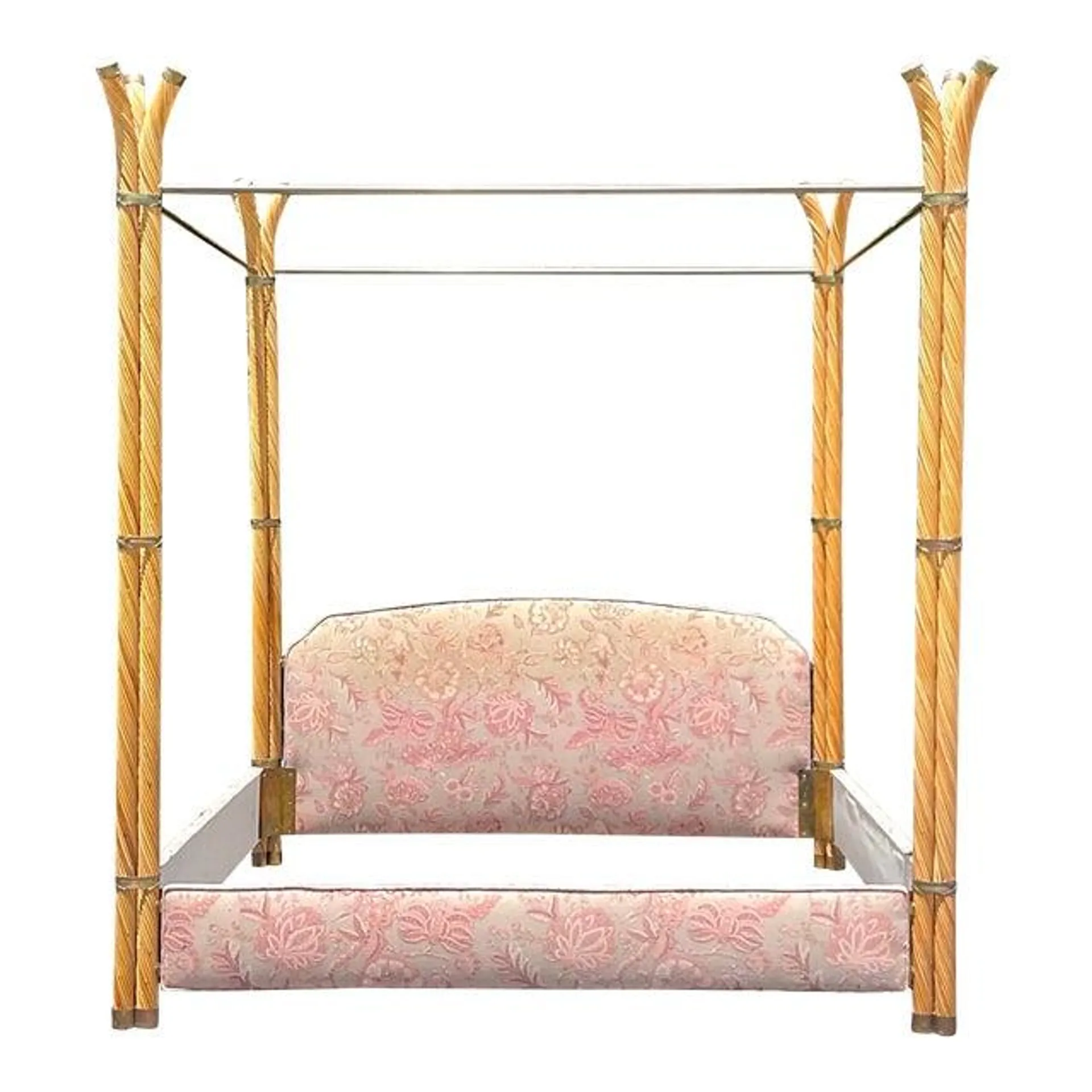 Vintage Coastal Twisted Pencil Reed and Brass King Canopy Bed