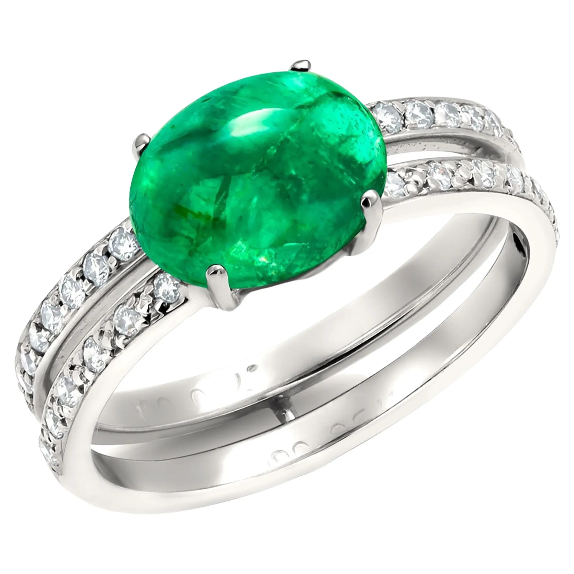 Colombian Cabochon Emerald Diamond 3.25 Carat White Gold Split Shank Ring