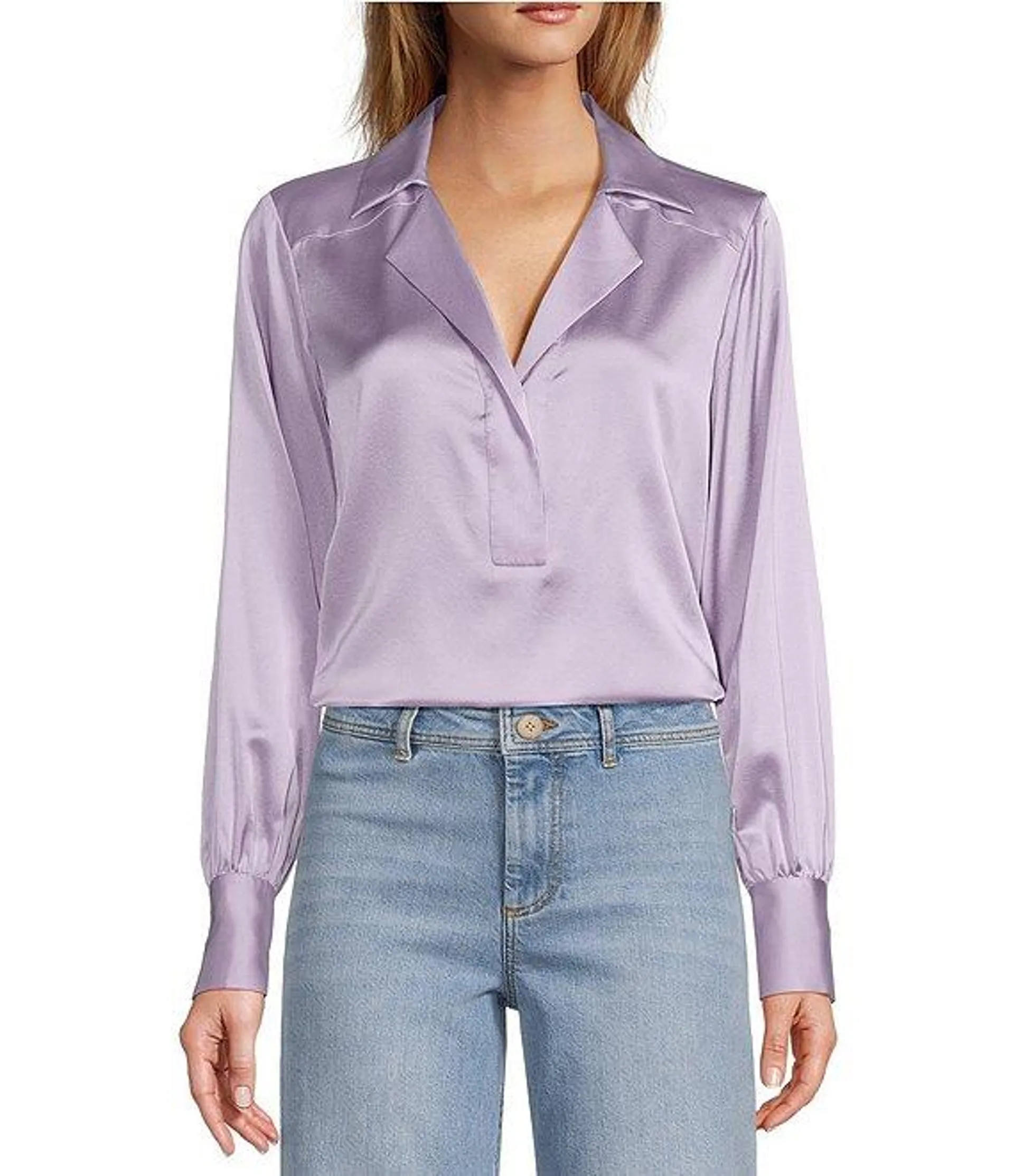 Violet Silk Notch Collar V-Neck Long Blouson Sleeve Blouse