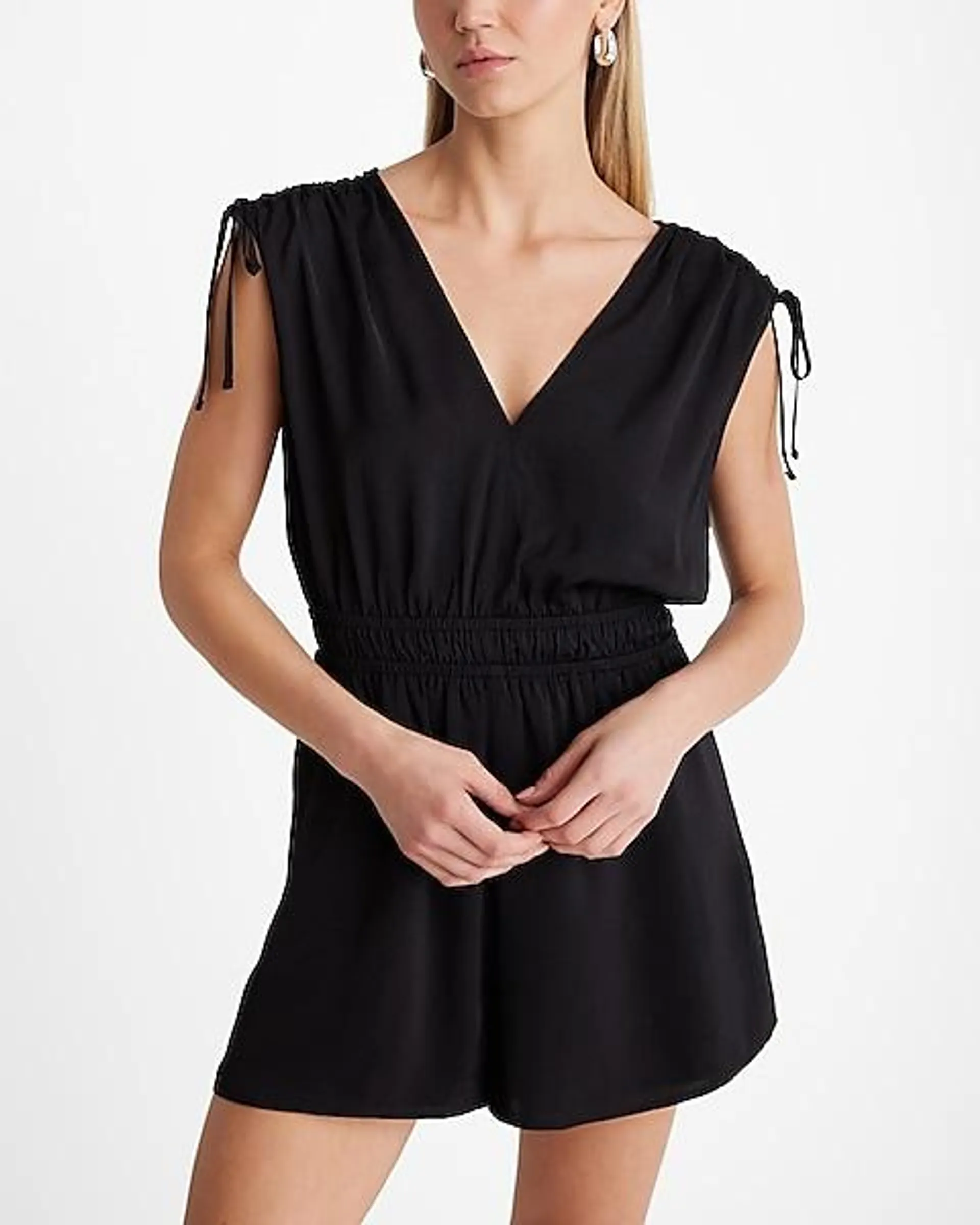 Satin V-Neck Ruched Cap Sleeve Elastic Waist Romper