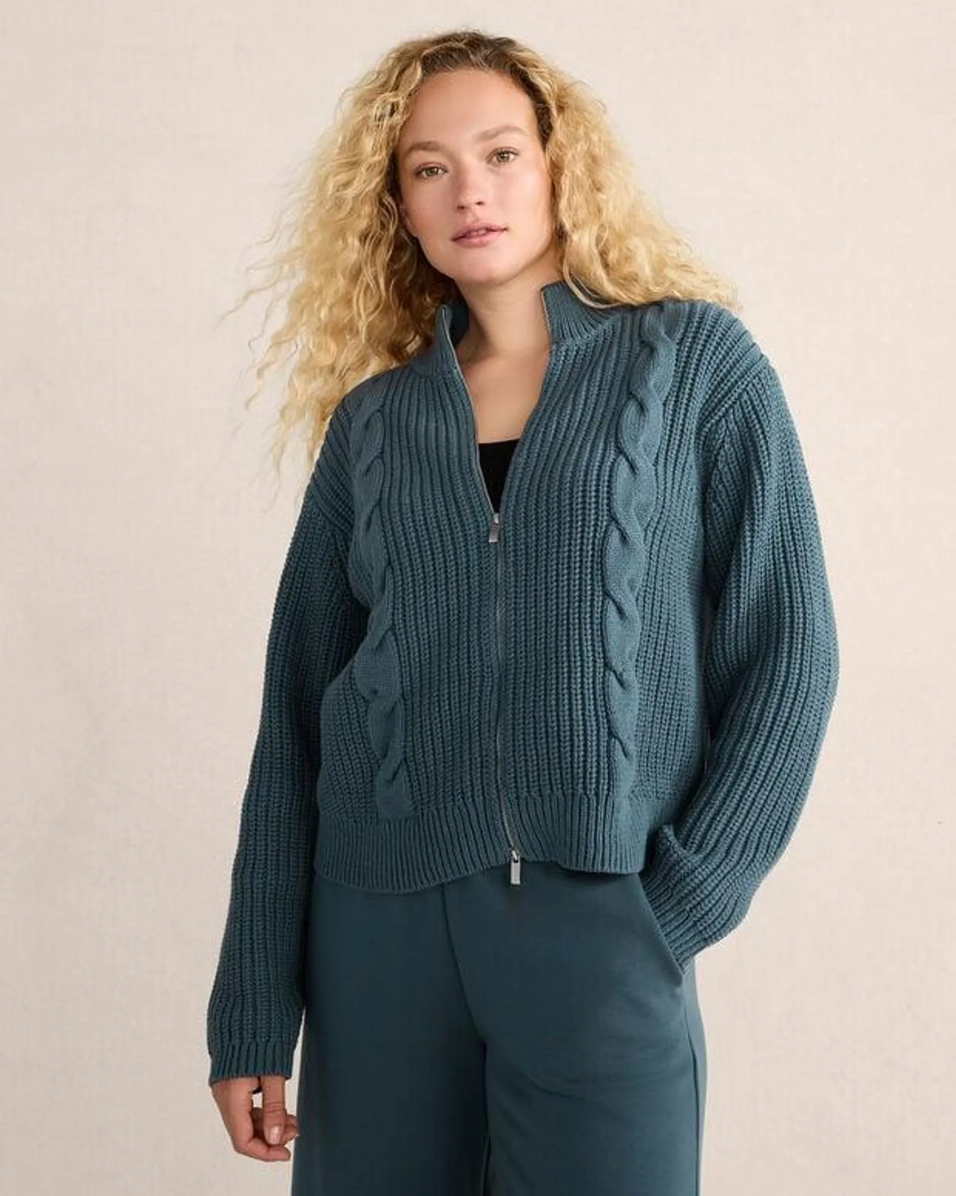 Cotton Mixed Stitch Double-Zip Cardigan