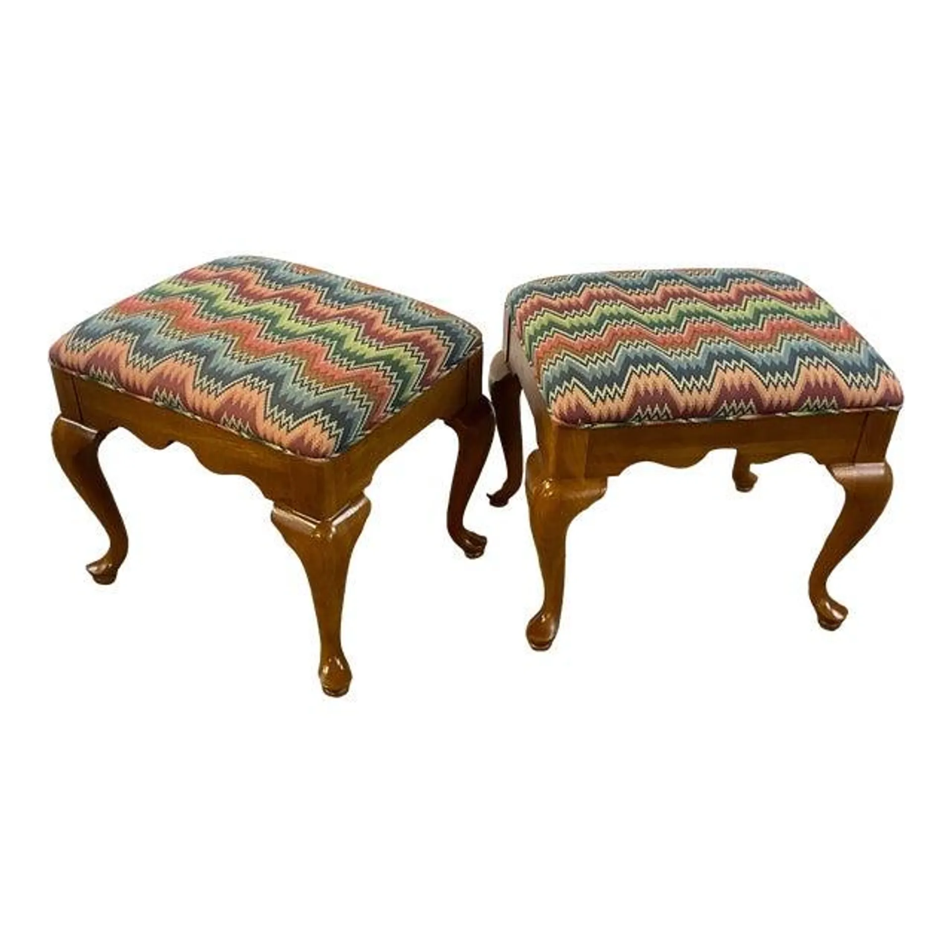 1980s Vintage Arts & Crafts Queen Anne Thomasville Maple Stool Bench in Flame Stitch Upholstery - a Pair