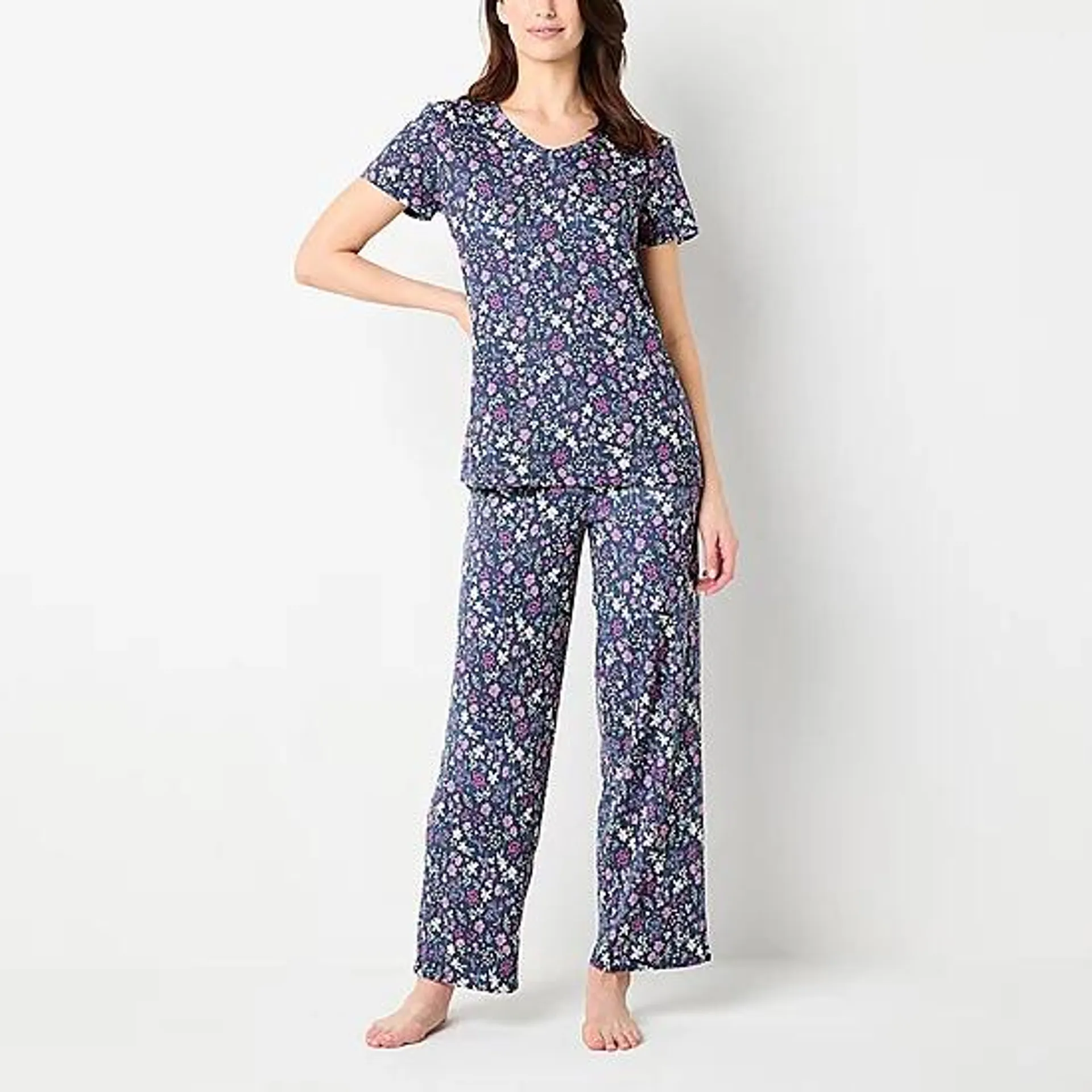 Jaclyn Womens V-Neck Short Sleeve 2-pc. Pant Pajama Set