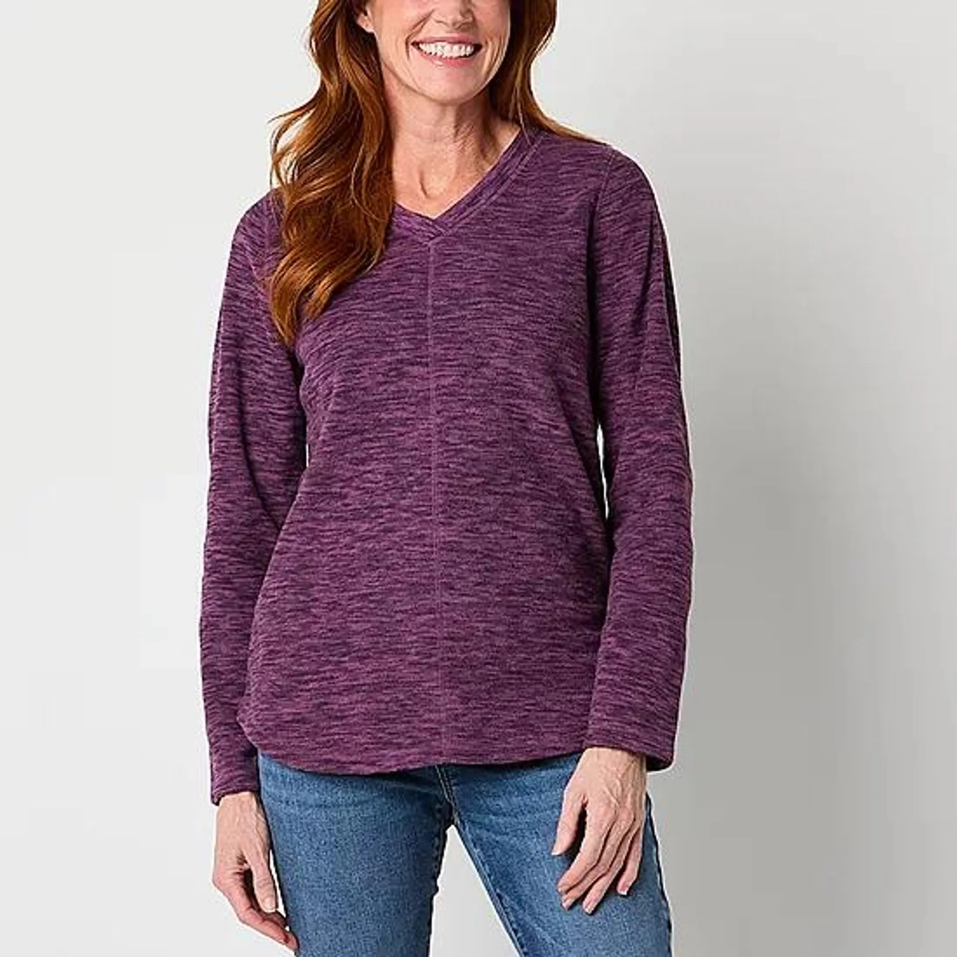 St. John's Bay Polar Fleece Womens V Neck Long Sleeve Sweatshirt