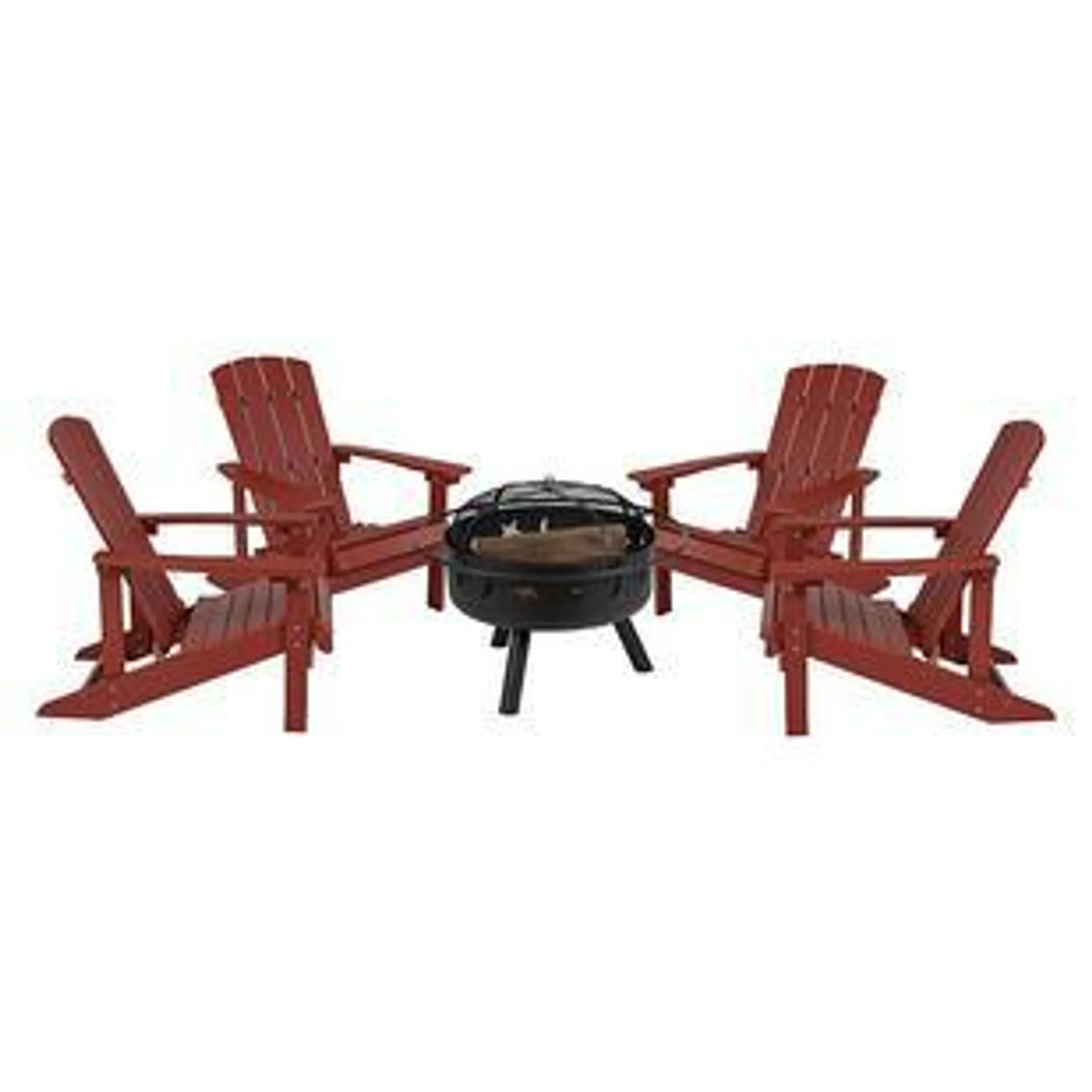 Charlestown Star and Moon Fire Pit with Mesh Cover & 4 Red Poly Resin Adirondack Chairs - Red