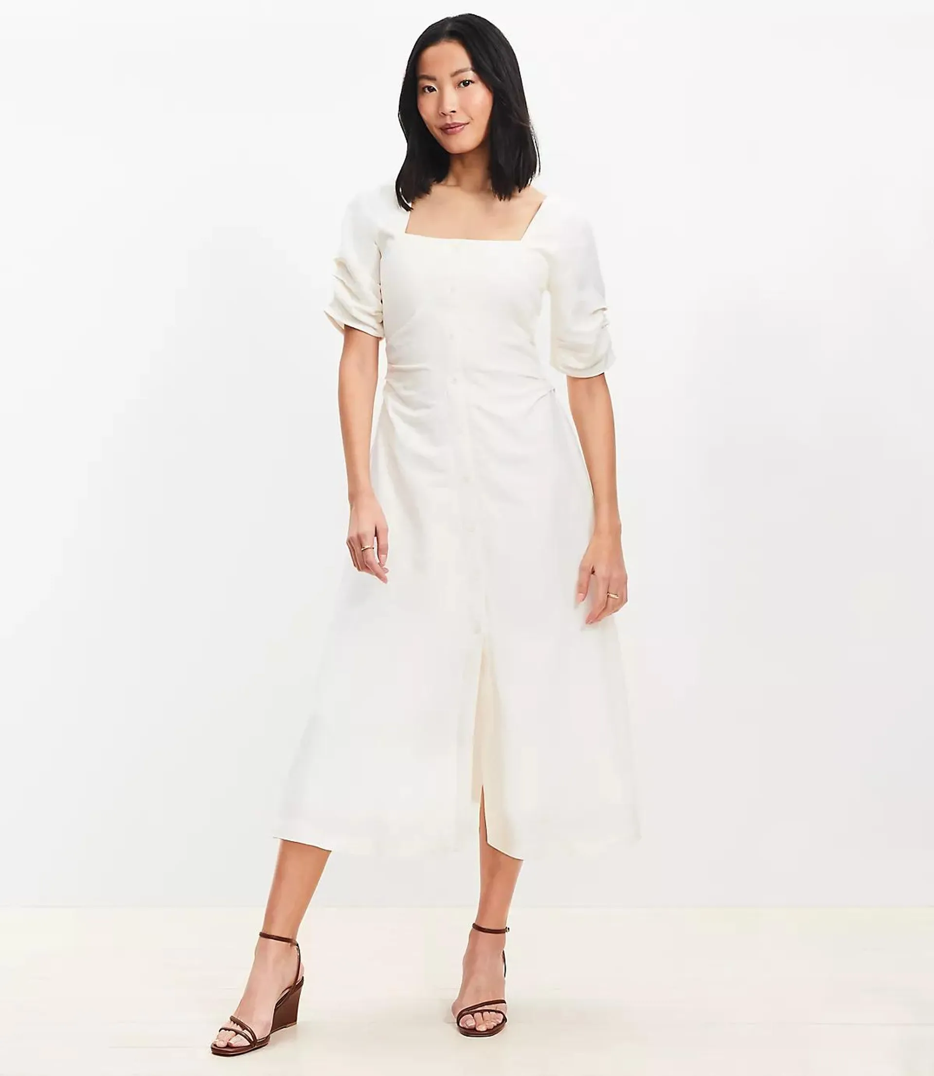 Shirred Linen Blend Button Midi Dress