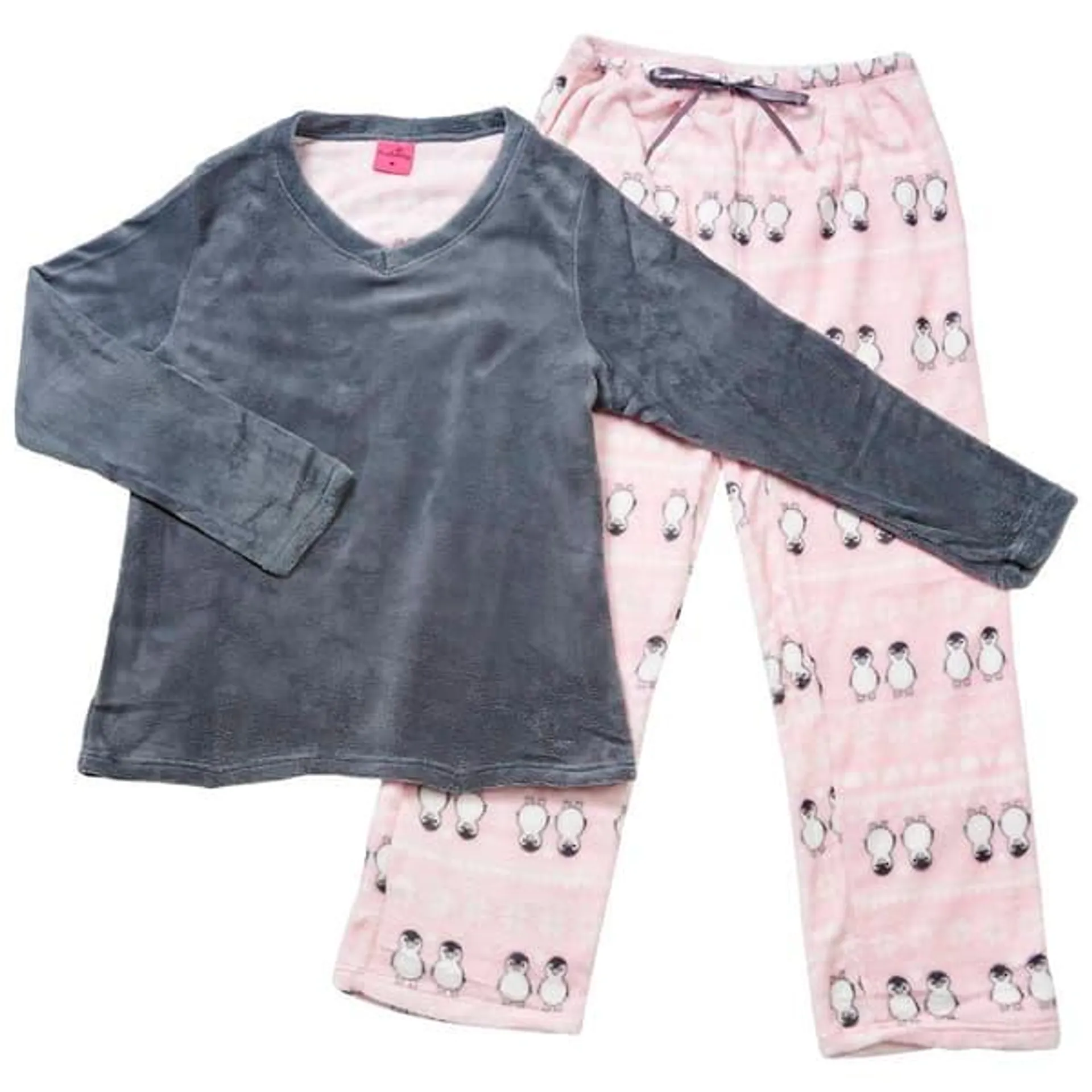 Womens Pink Laundry Folded Penguins Plush Pajama Set