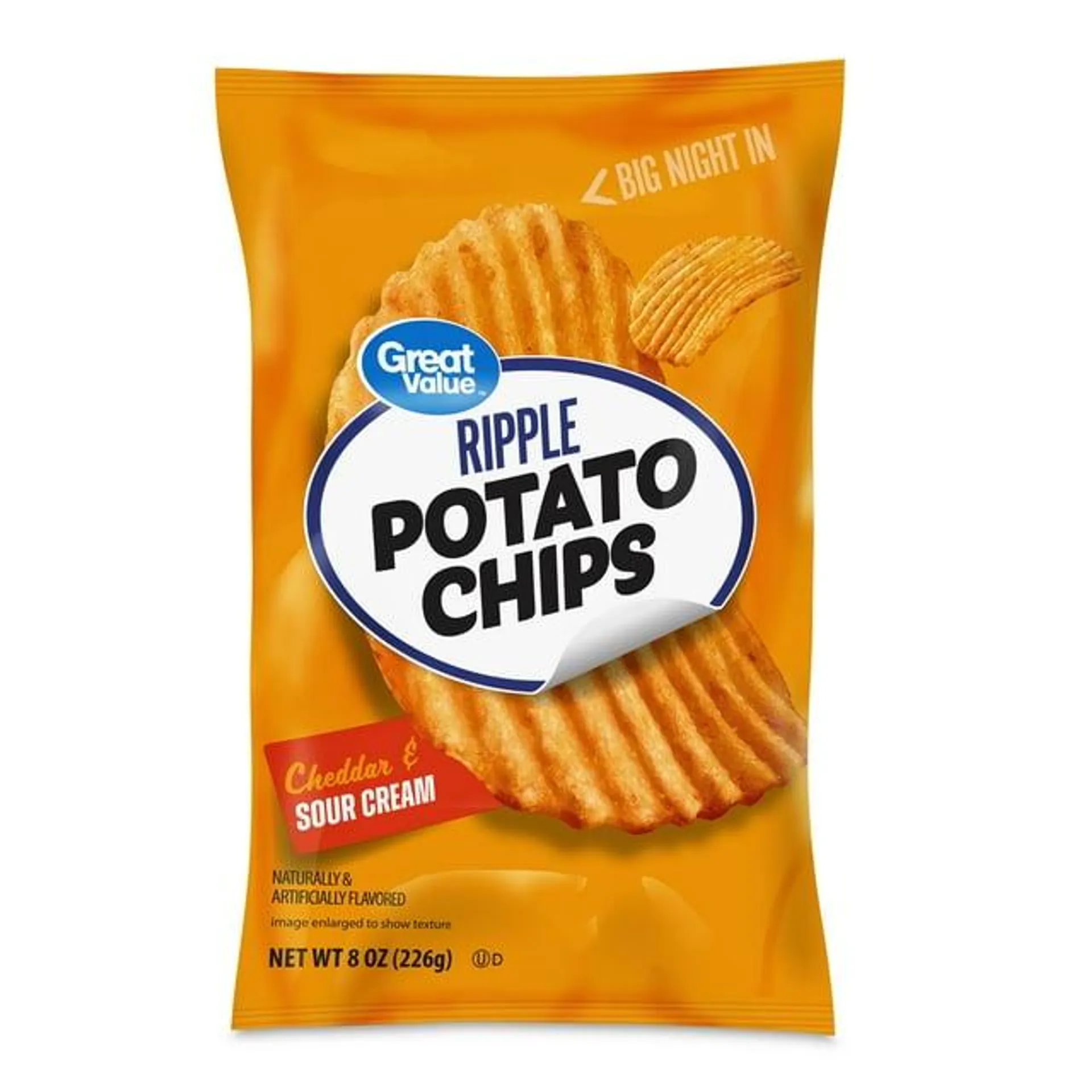 Great Value Rippled Cheddar & Sour Cream Flavored Potato Chips, 8 oz Bag