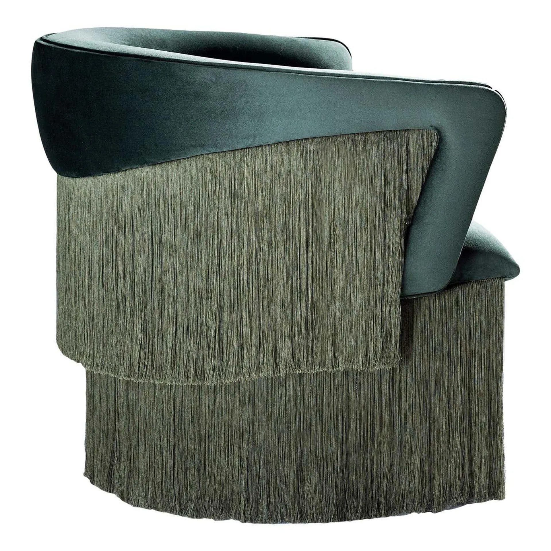 "Wind" Swivel Armchair in Velvet with Silk Fringes Green