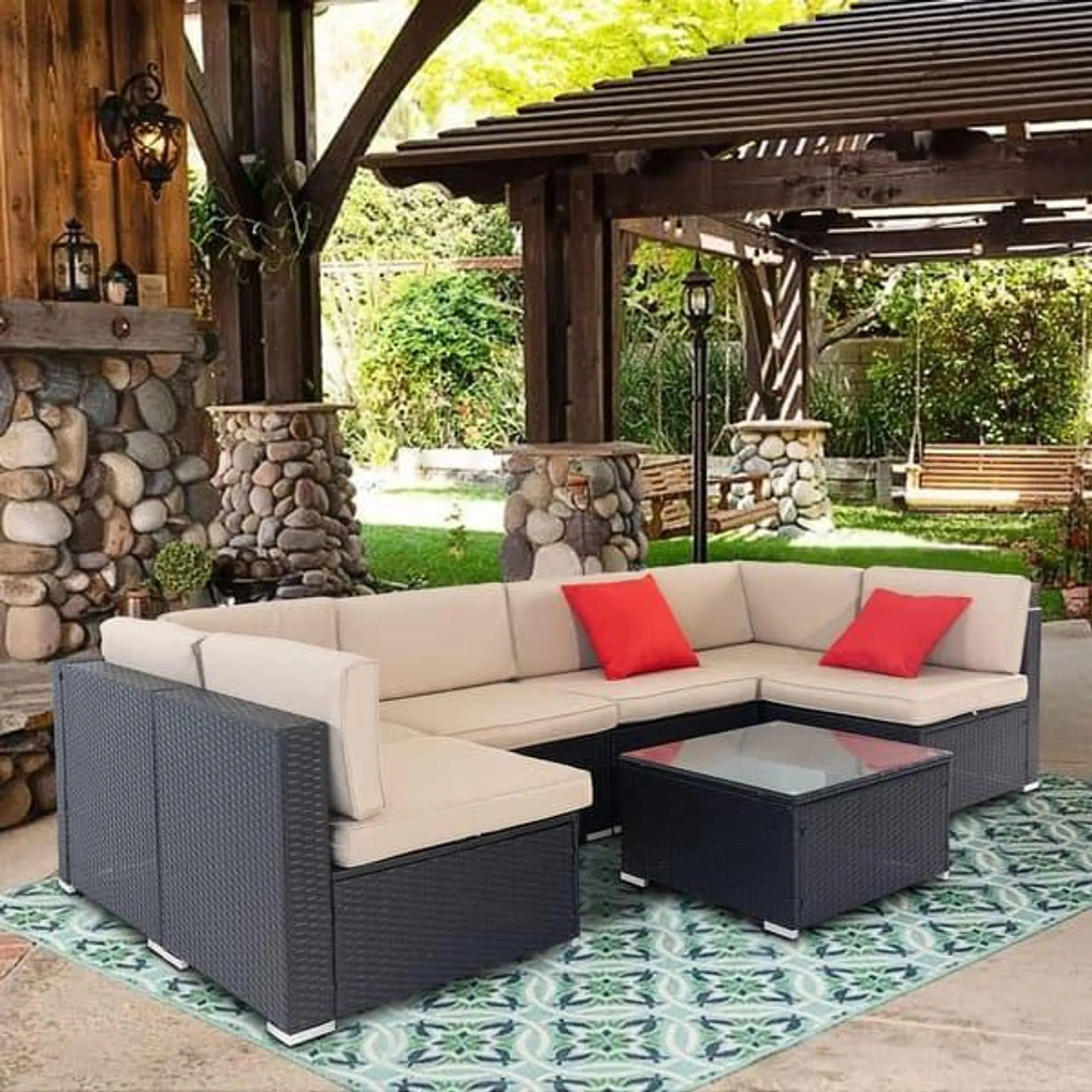 Outdoor 7-piece Patio Furniture Black Wicker Rattan Sectional Sofa Set by Havenside Home