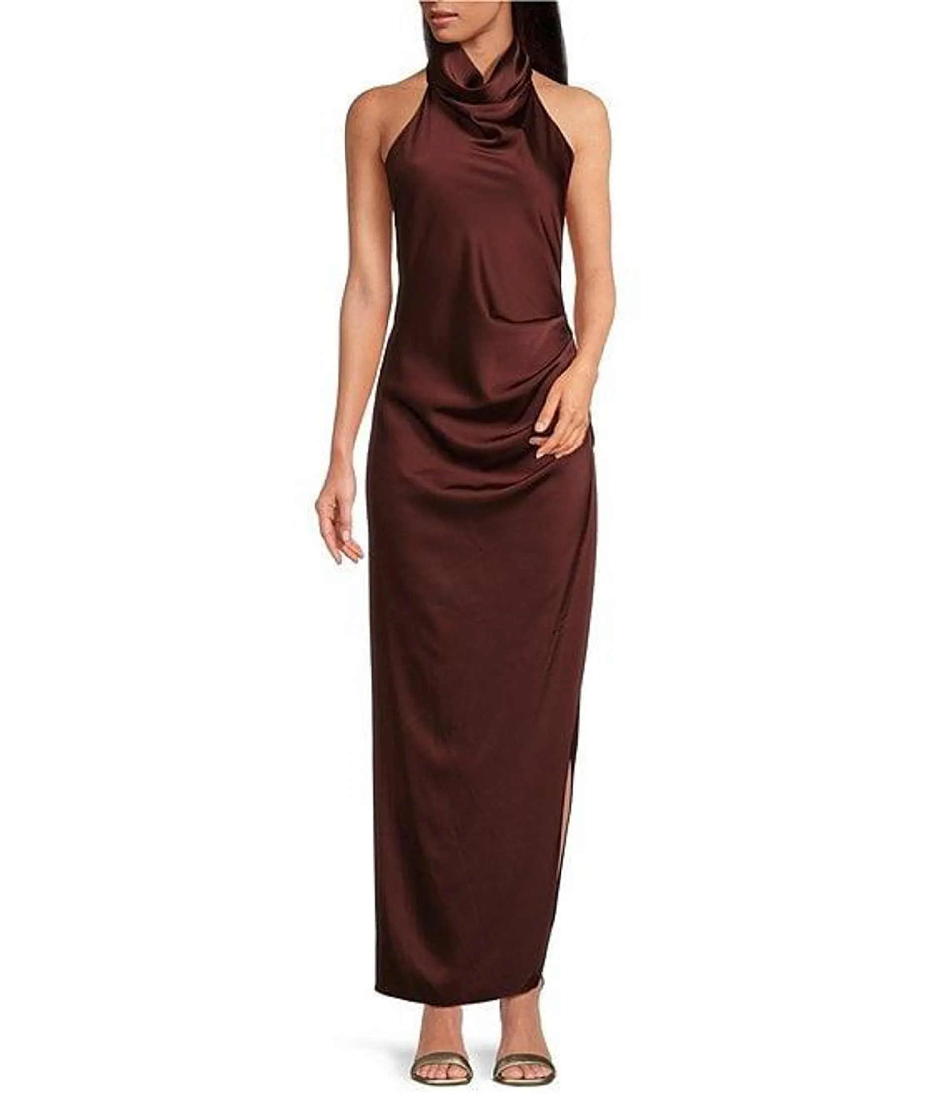 Yelena Satin High Mock Neck Sleeveless Long Sheath Dress