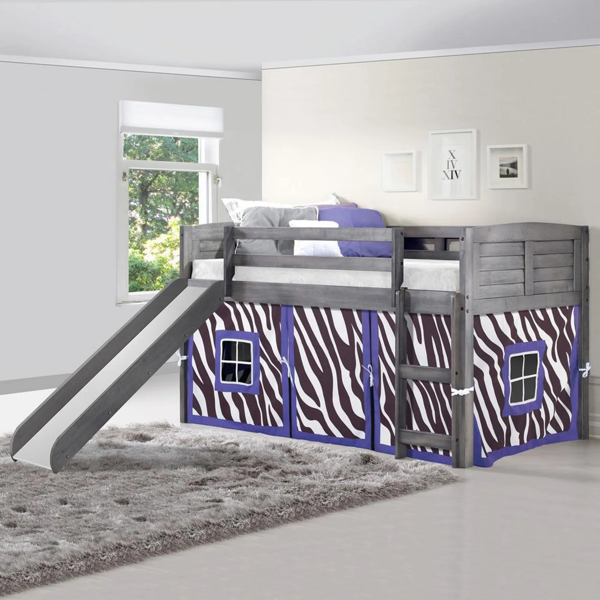 Low Loft Bed Antique Grey Zebra Tent & Slide