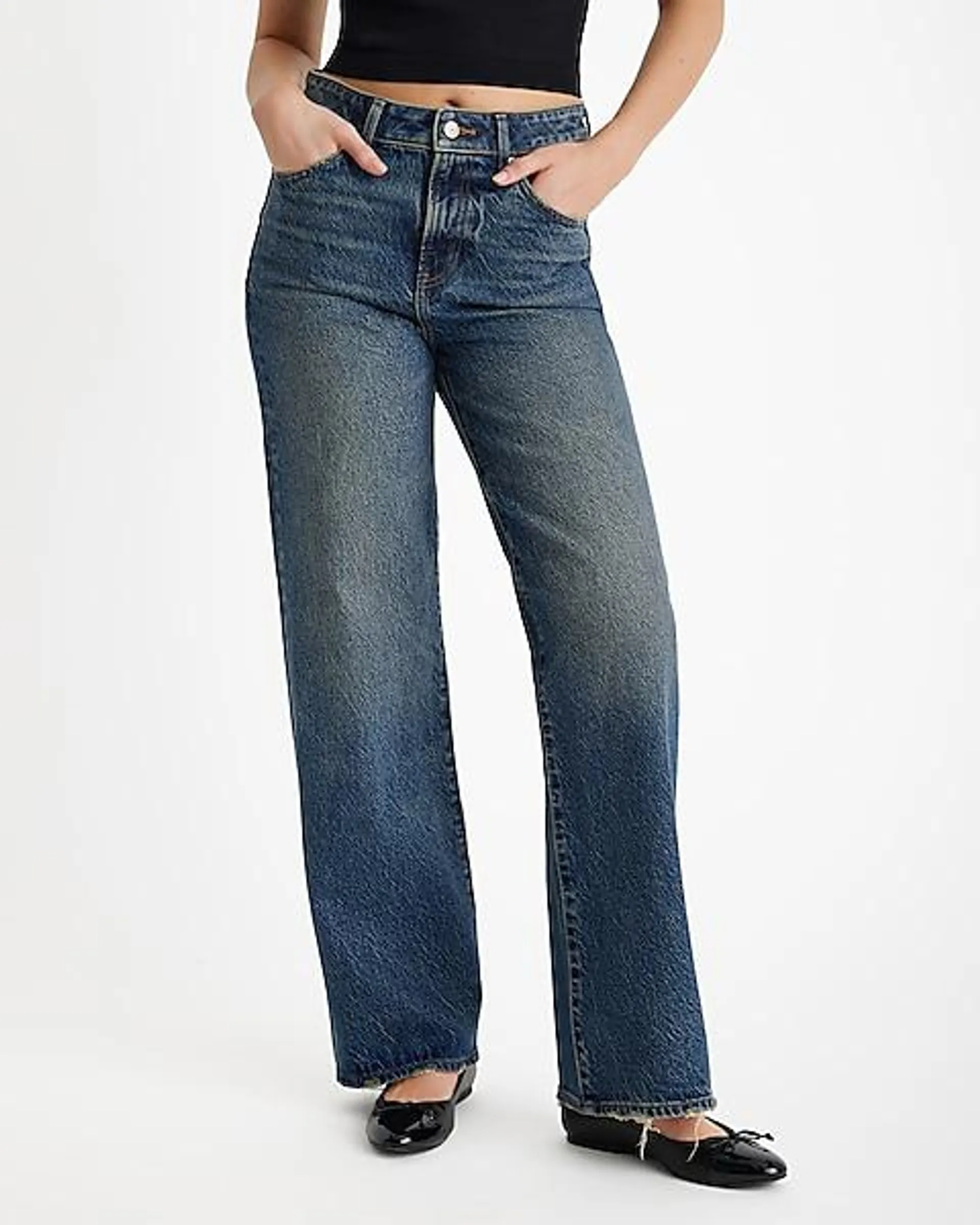 High Waisted Dark Wash 50/50 Rigid Stretch Wide Leg Jeans