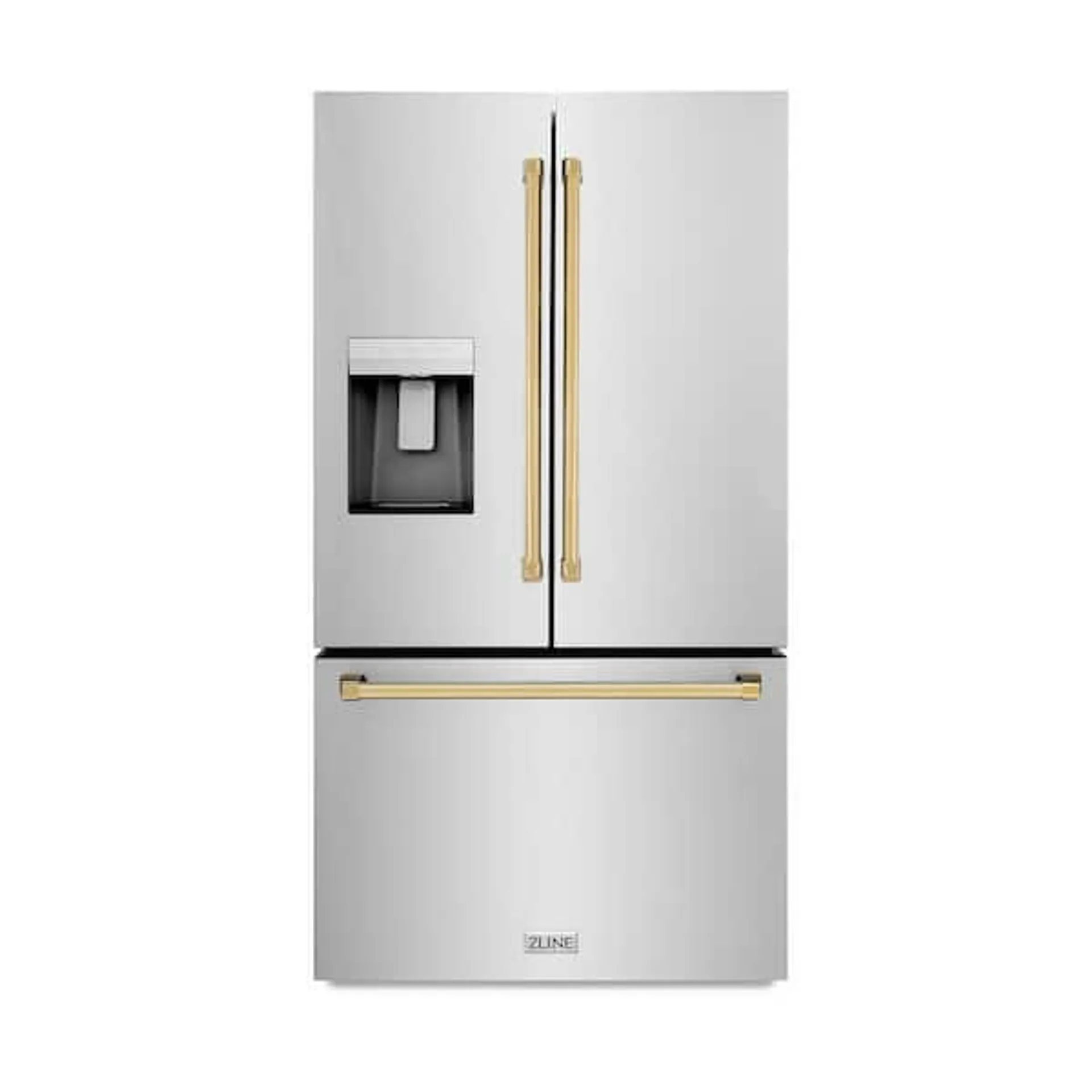 36 in. 3-Door French Door Refrigerator w/ Dual Ice Maker in Fingerprint Resistant Stainless & Polished Gold Handles