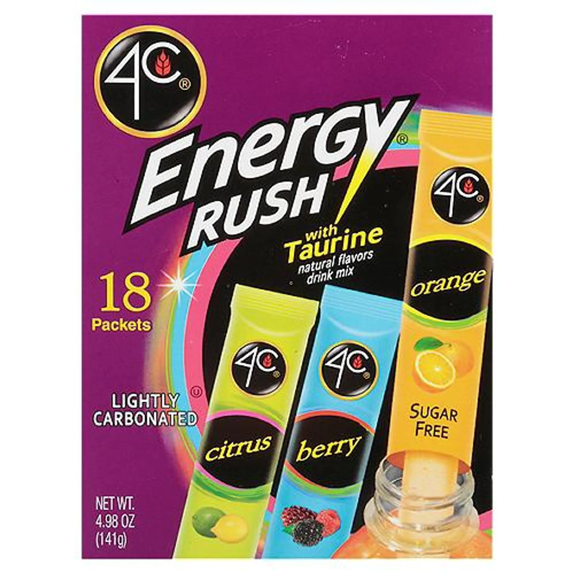 4C Sugar Free Energy Rush with Taurine, Drink Mix, 4.98 Ounce