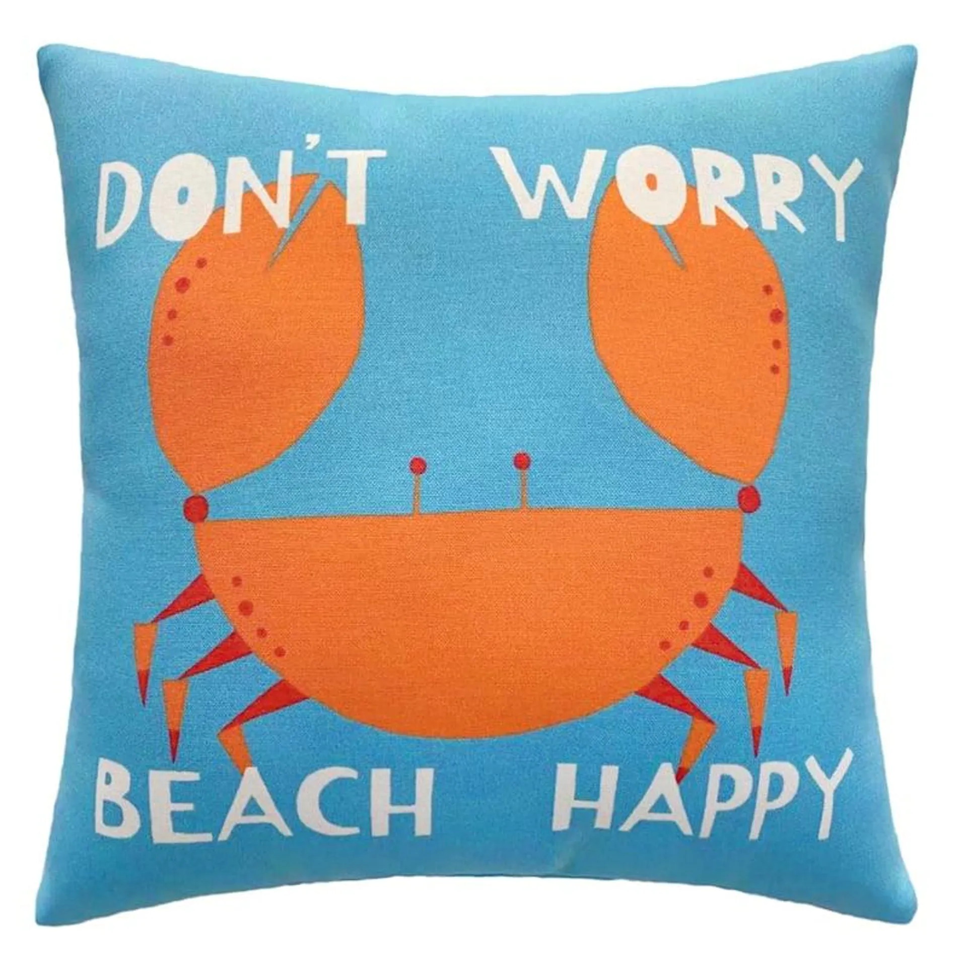 Turquoise Crab Don't Worry Beach Happy Square Outdoor Throw Pillow, 17"