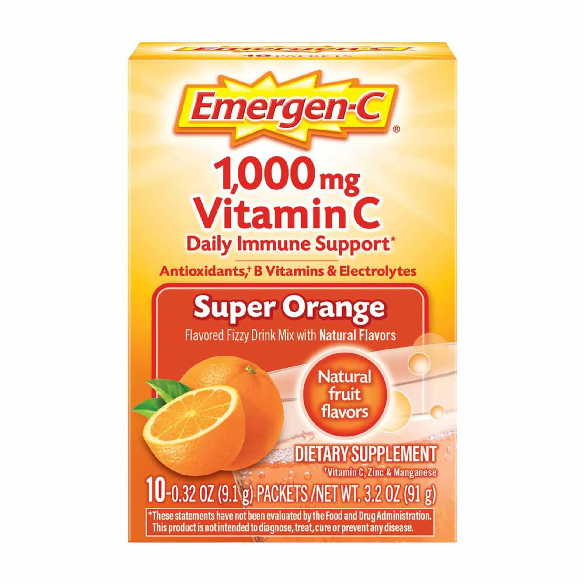 Emergen-C 1000 mg Vitamin C Daily Immune Support, Super Orange Flavored Fizzy Drink Mix, 0.32 oz Packets, 10 ct