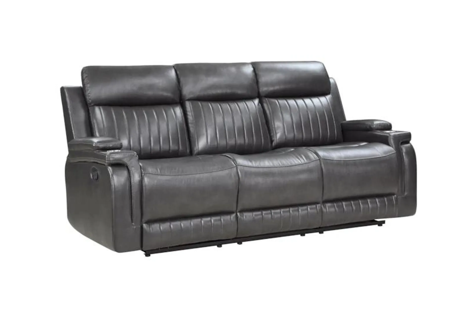 Kaylene Dark Grey Faux Leather Manual Reclining Sofa with Drop Down Tray and Cupholders