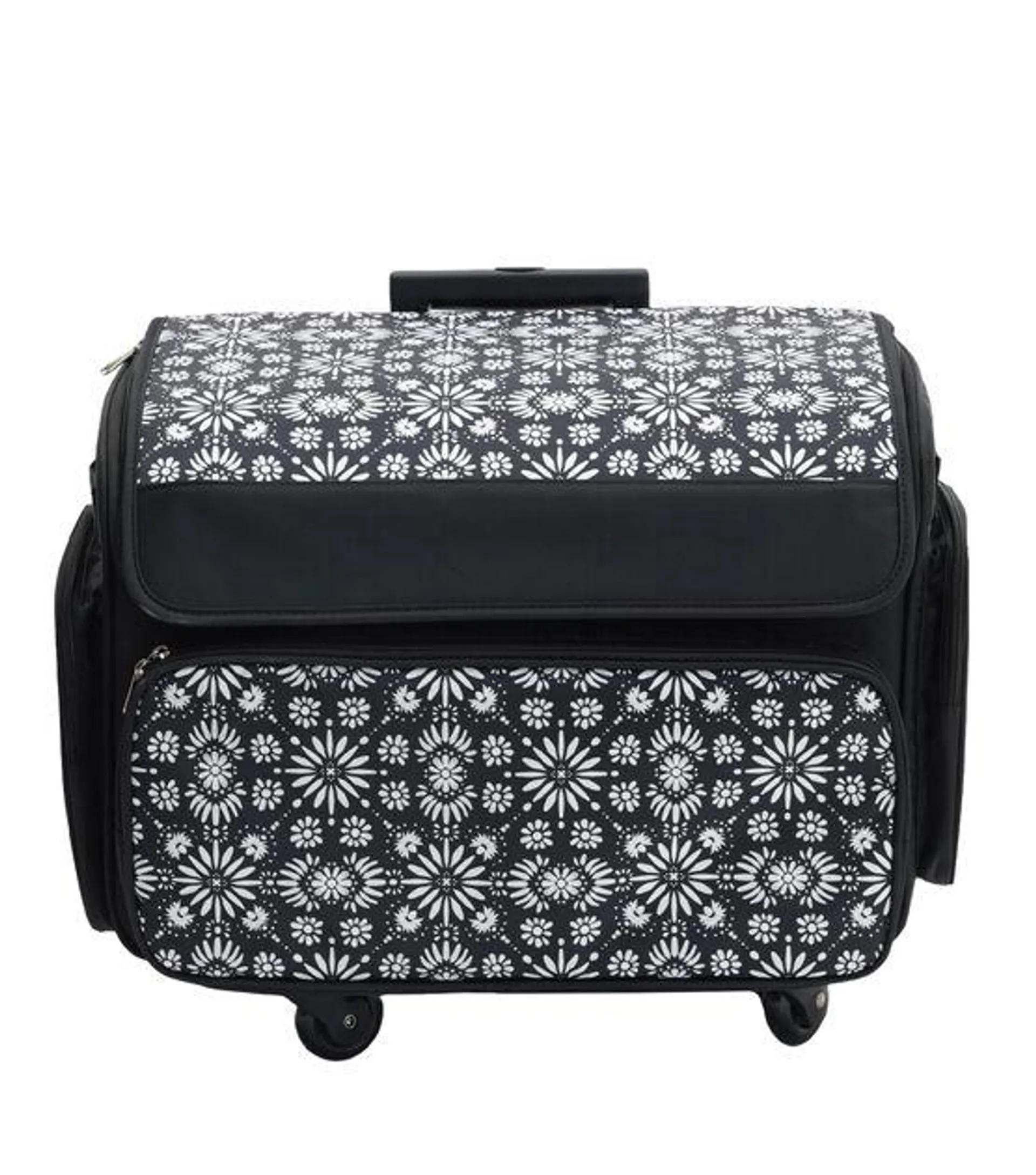 13" Black & White Floral Polyester Rolling Storage Tote by Top Notch
