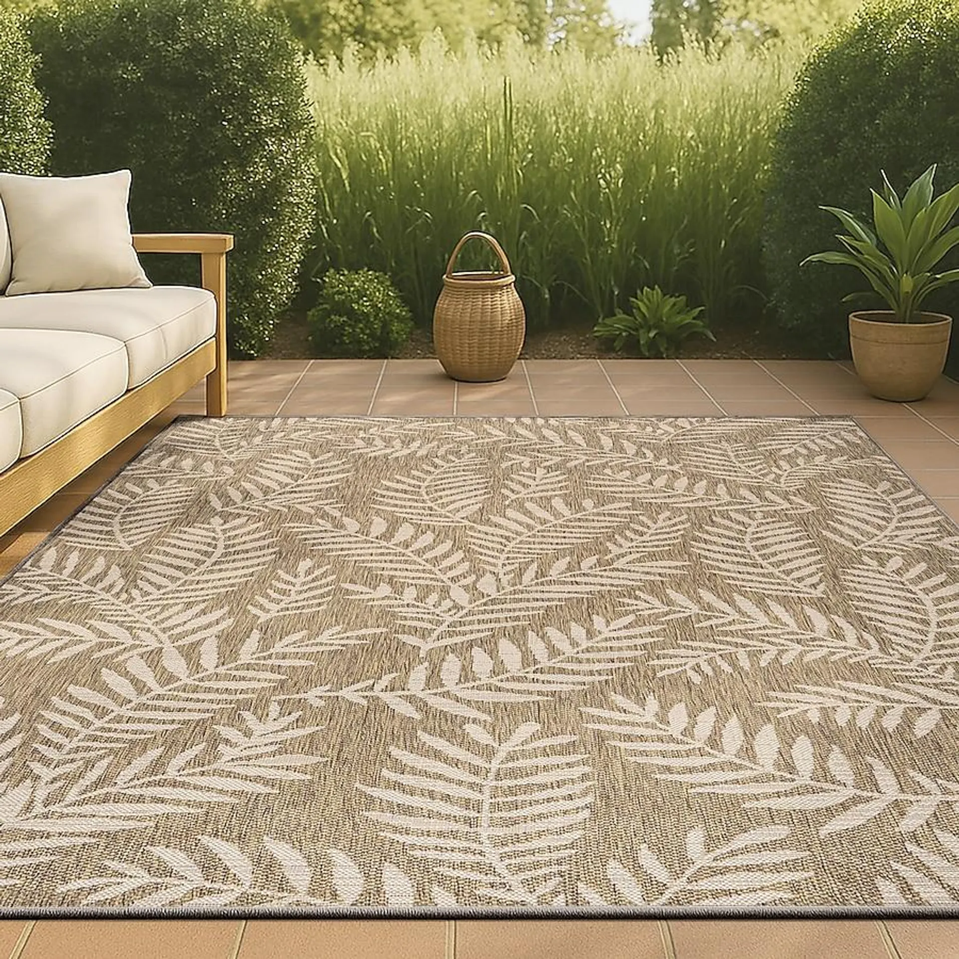 JONATHAN Y Santa Monica Nevis Palm Frond 9 x 12 (ft) Loomed Polypropylene Brown/Beige Rectangular Indoor/Outdoor Floral/Botanical Coastal Area rug