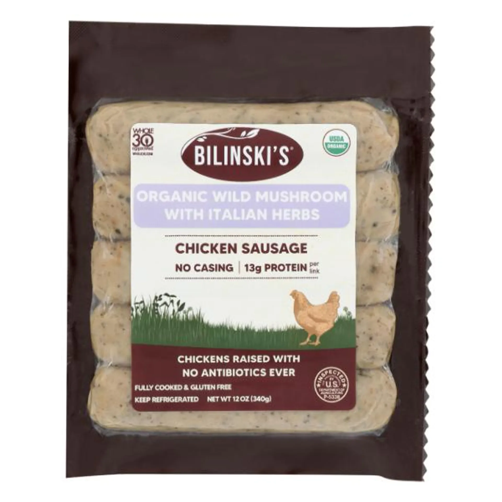Bilinski's Organic Wild Mushrooms With Italian Herbs Chicken Sausage - 12 Ounce