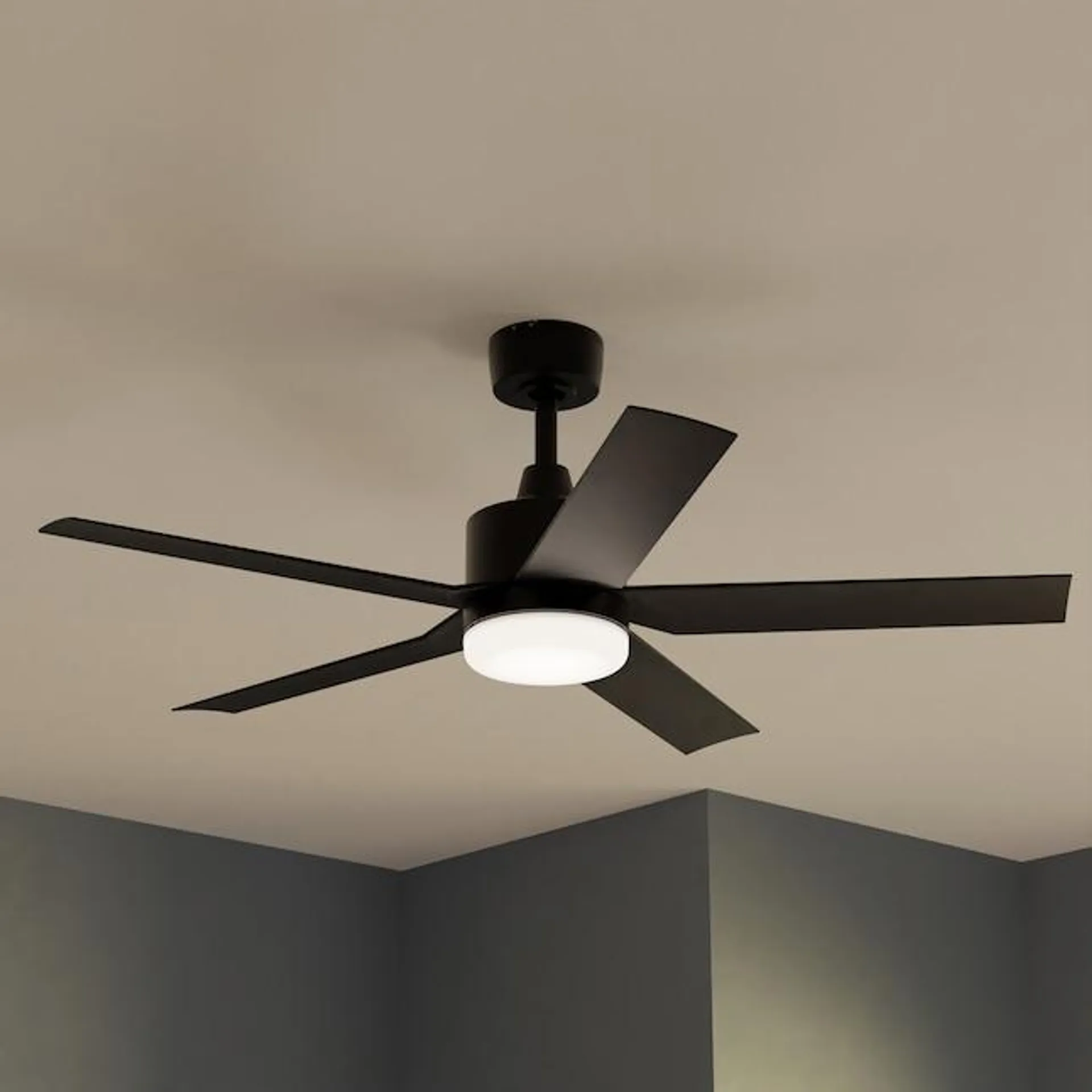 Harbor Breeze Reidsport 44-in Matte black Color-changing Integrated LED Indoor/Outdoor Downrod or Flush Mount Ceiling Fan with Light and Remote (5-Blade)