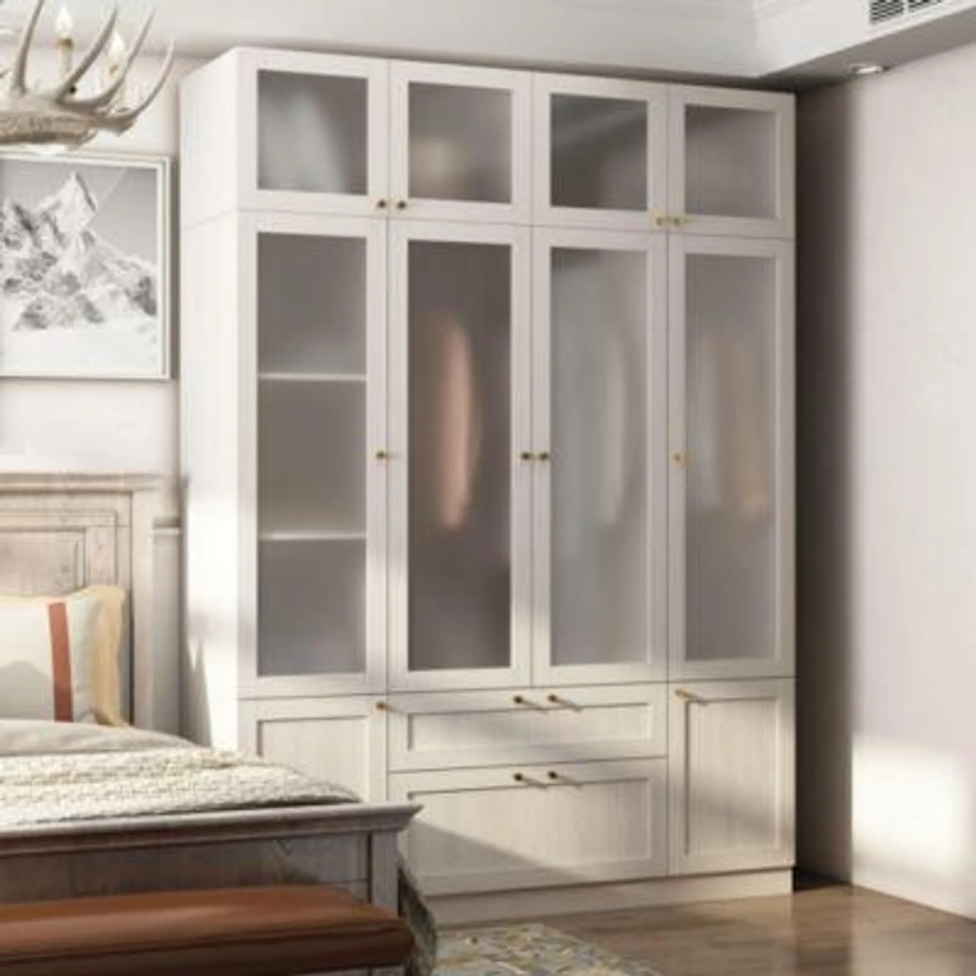 Glass Doors Armoires with Hanging Rods, Drawers and Shelves