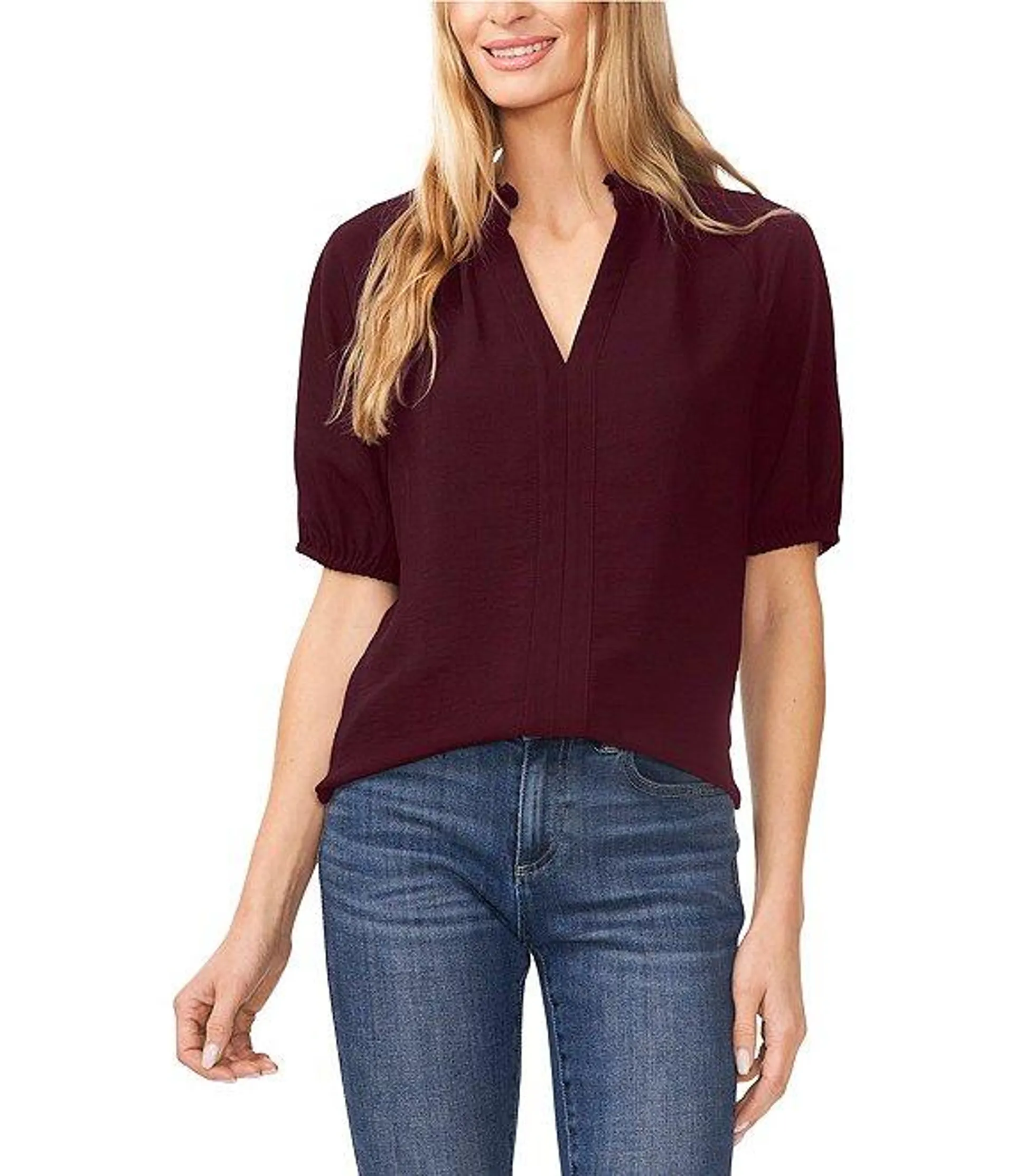 Drapey Gauze Ruffled Split V-Neck Short Puffed Sleeve Blouse