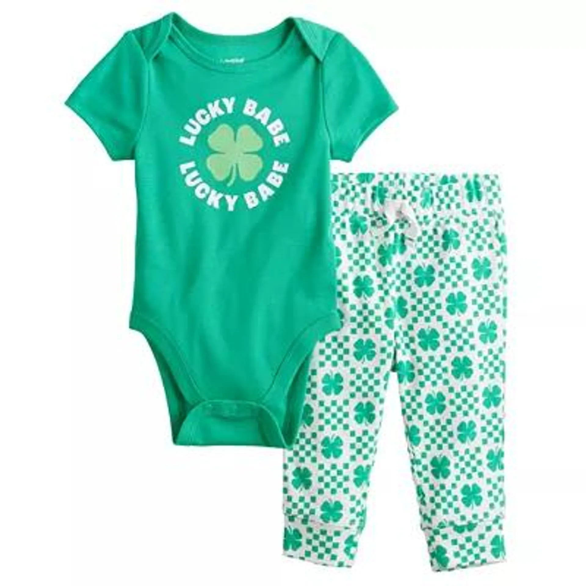 Baby Jumping Beans® Short Sleeve "Lucky Babe" Bodysuit & Clover Print Pants Set