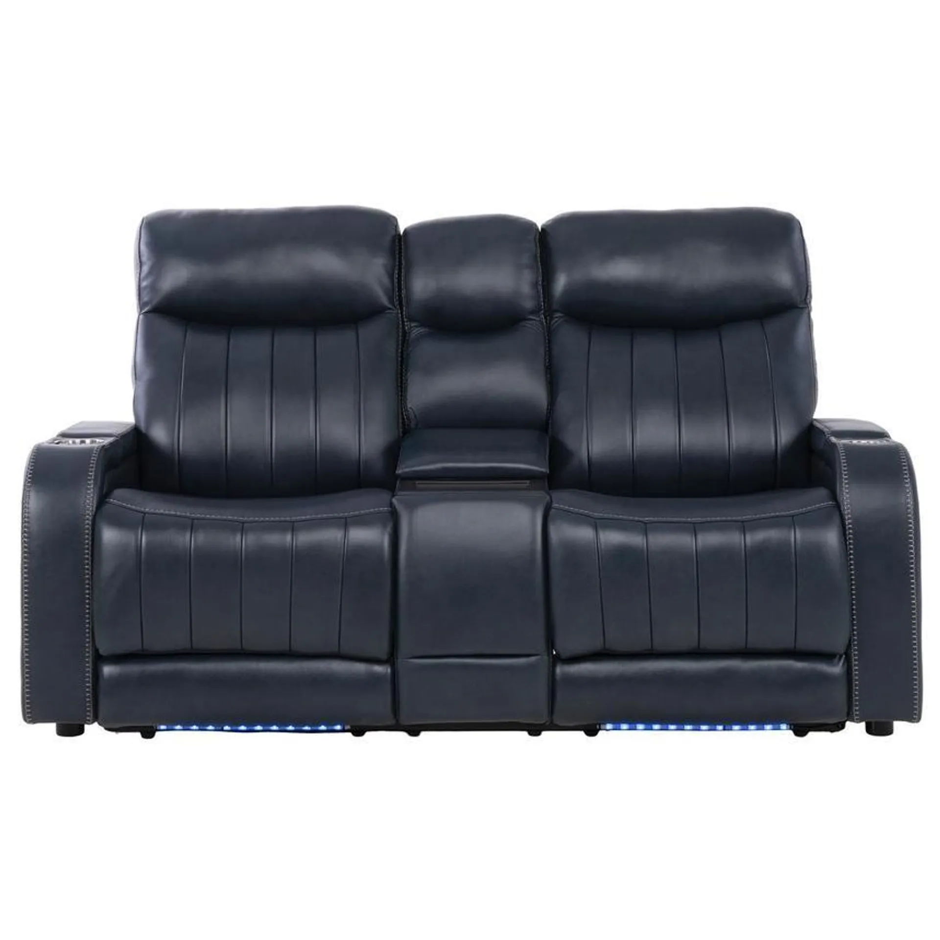 Neptune Blue Leather Power Reclining Sofa w/Console