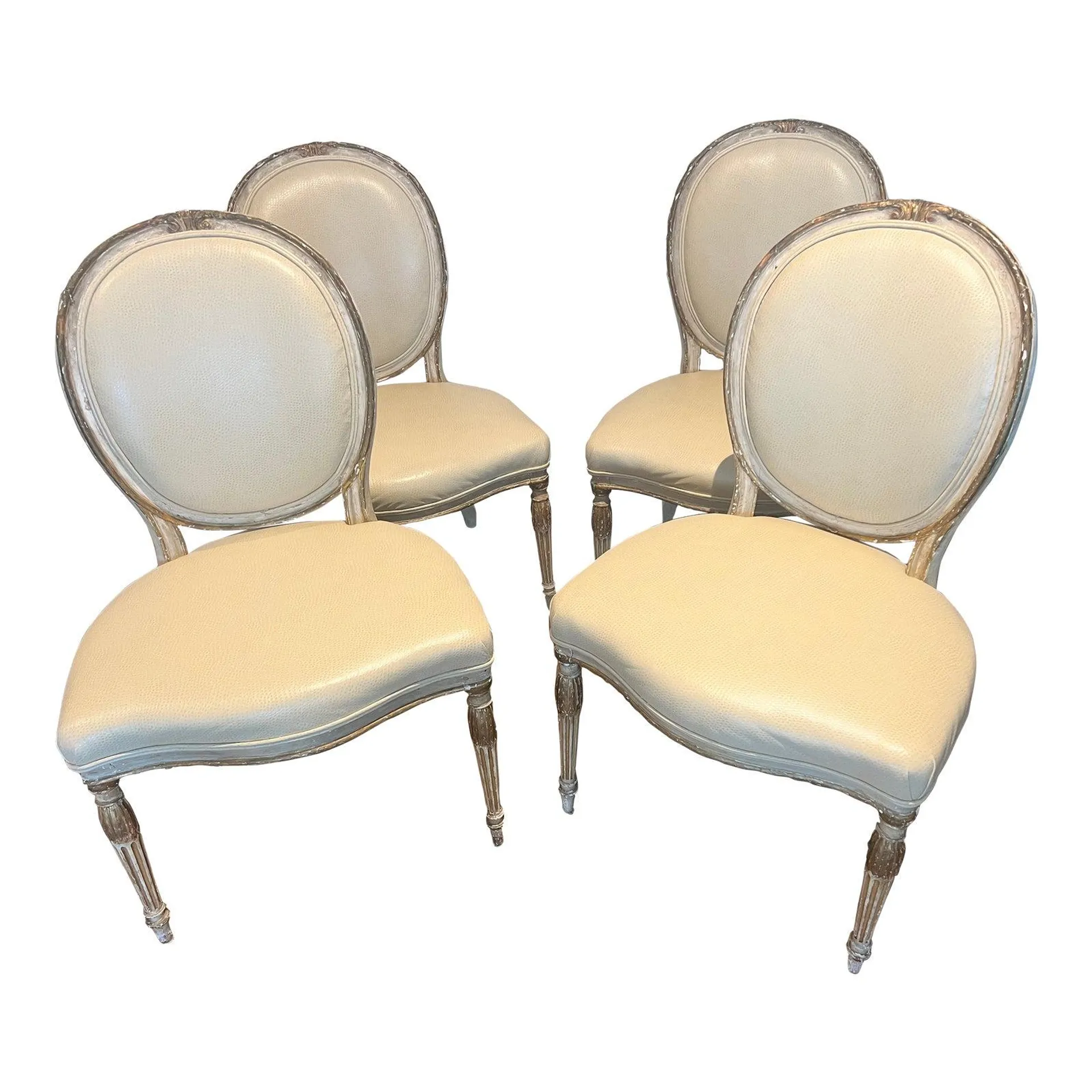 Late 19th Century French Louis XVI Style Upholstered Faux Leather Ostrich Silk Taffeta Dining Room Chairs - Set of 4